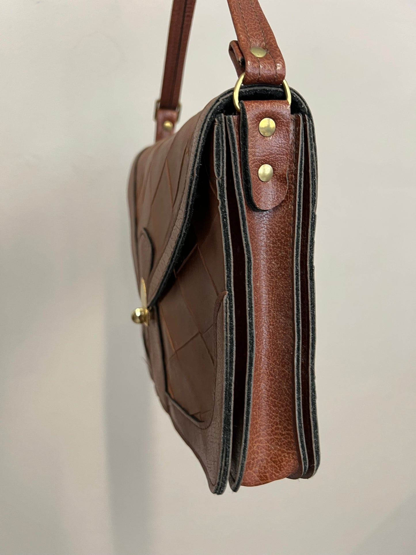 Vintage Brown Faux Leather Patchwork Shoulder Bag Made in Britain