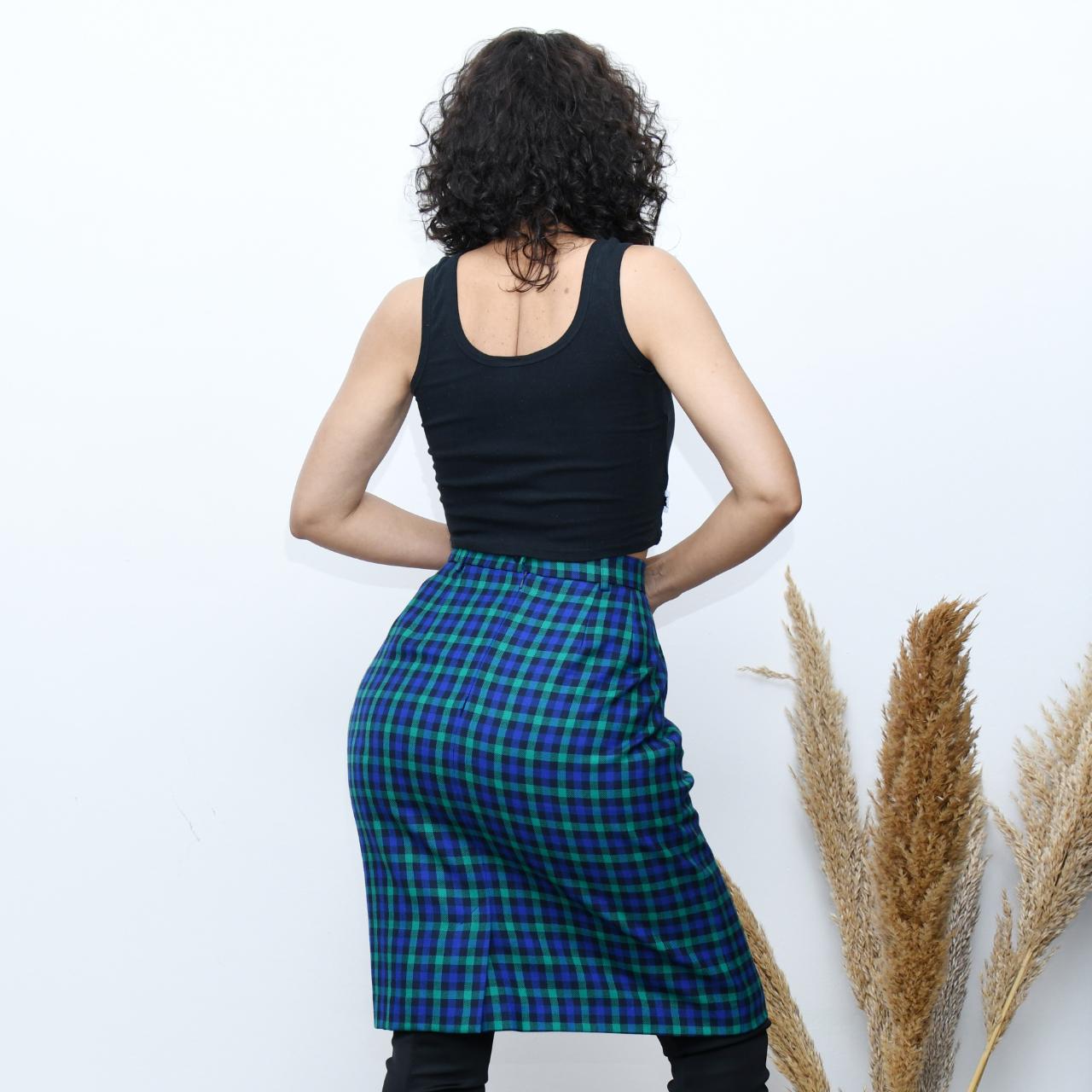 Vintage 90s Blue Tartan Check School Girl Wool Viyella Midi Skirt