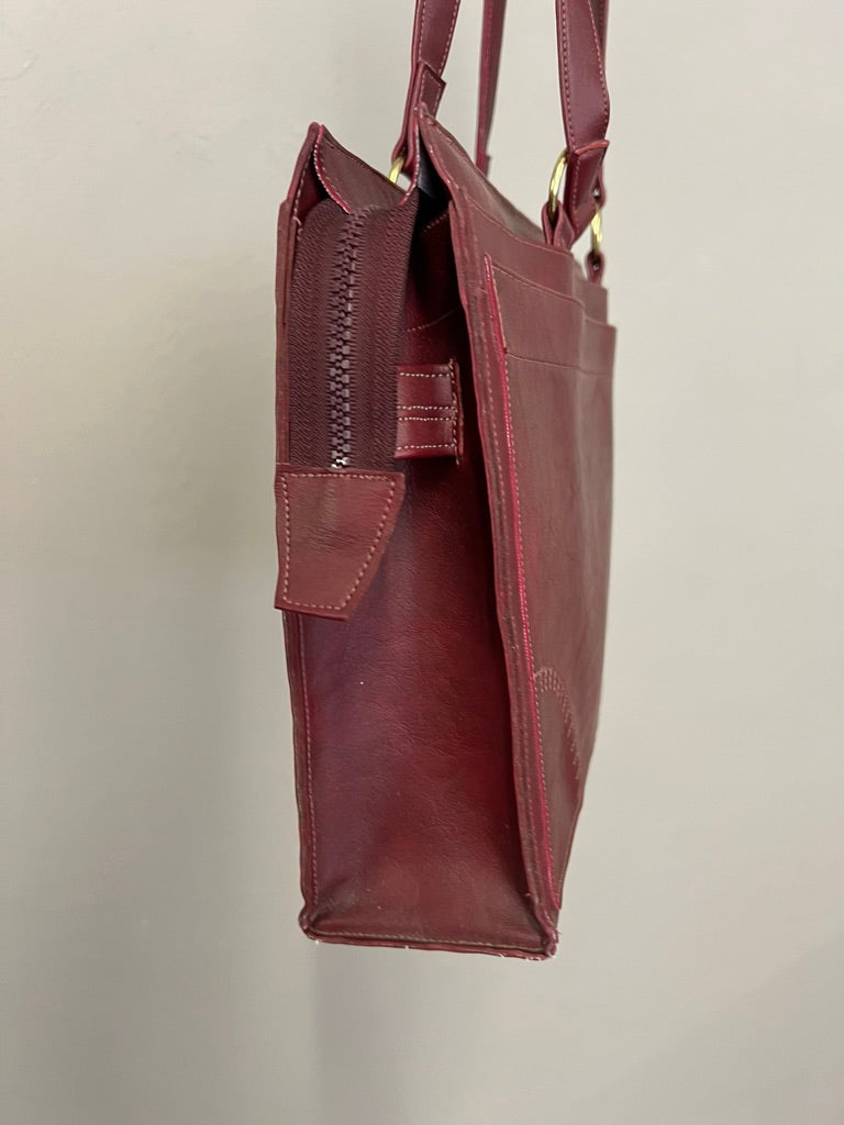 Vintage Burgundy Faux Leather Shoulder Tote 90s Minimalist Style