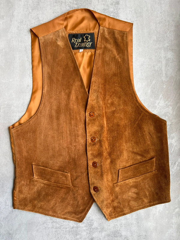 Vintage 1990s Tan Suede Waistcoat Genuine Leather Western Wear Size Small