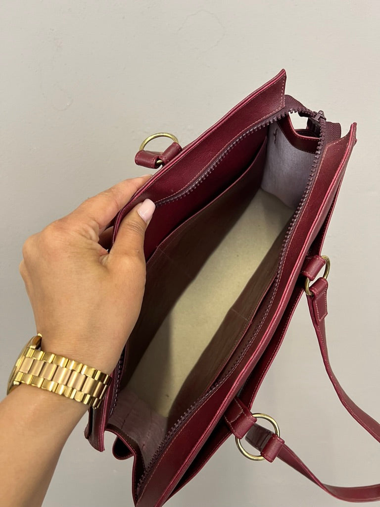 Vintage Burgundy Faux Leather Shoulder Tote 90s Minimalist Style