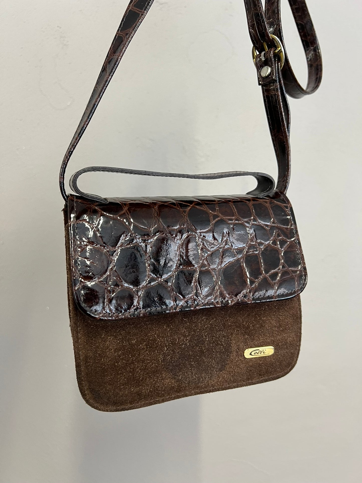 Vintage Brown Croc Suede Handbag Leather Shoulder Bag Crossbody
