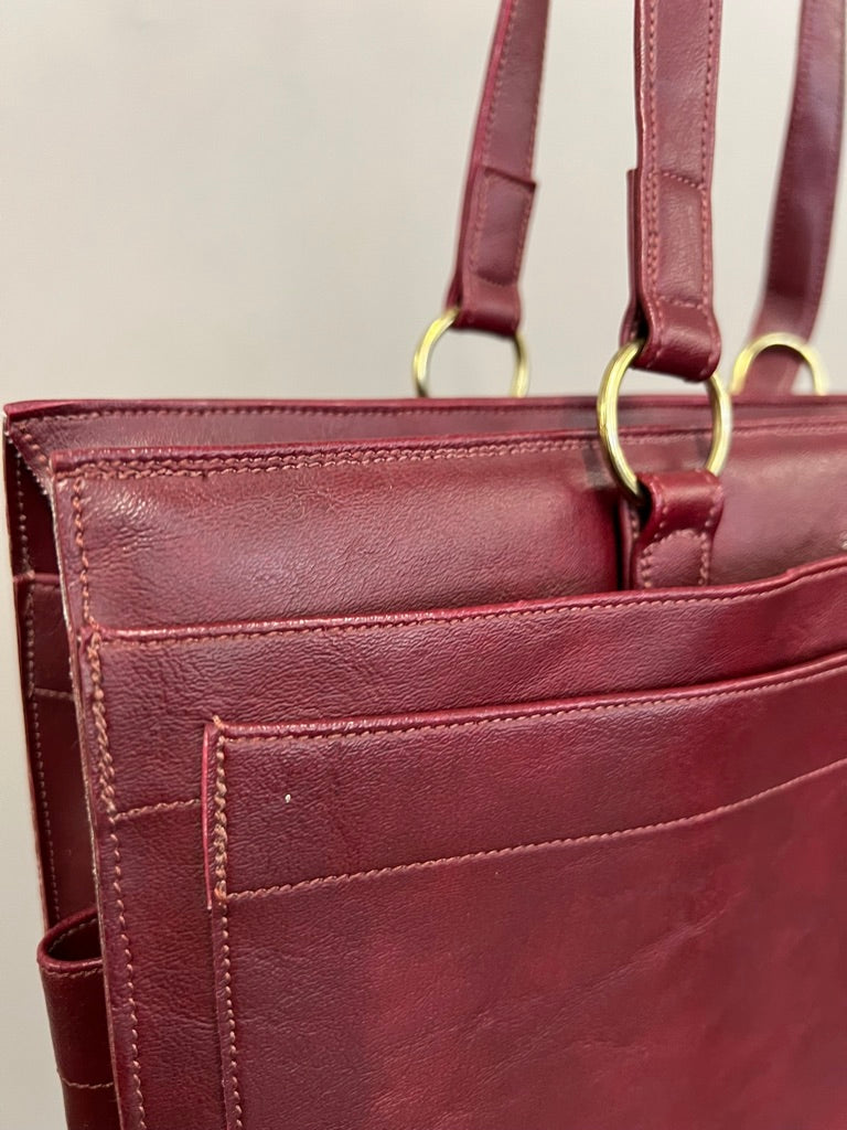 Vintage Burgundy Faux Leather Shoulder Tote 90s Minimalist Style