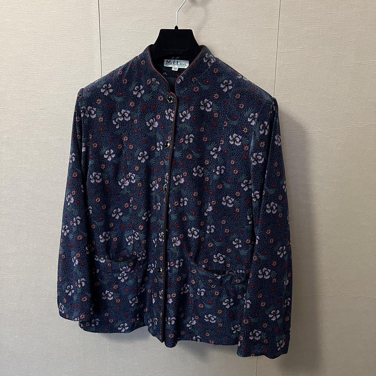 Vintage Velvet Pyjama Set Nightwear Co Ord Blue Floral Italian PJs Size UK 8 Small