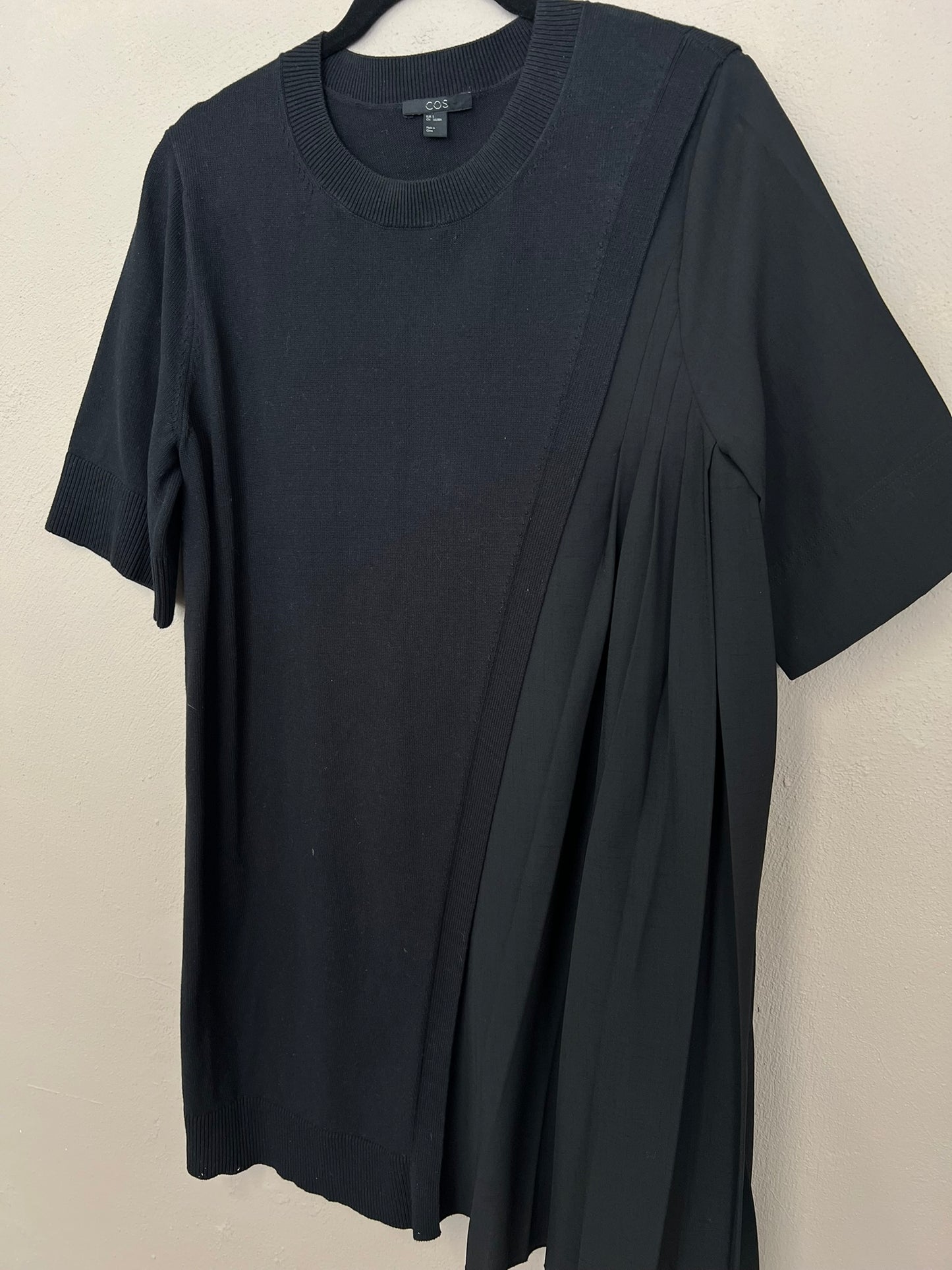 COS Dress Asymmetric Black Tunic Dress Cotton and Pleated Panel Size S
