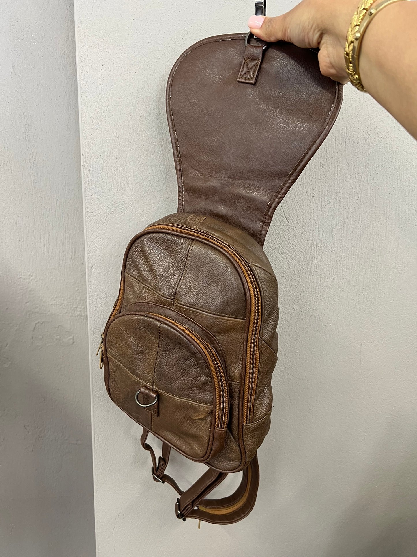 Brown Patchwork Handbag Faux Leather Backpack Vintage 90s Convertible Strap Ruck