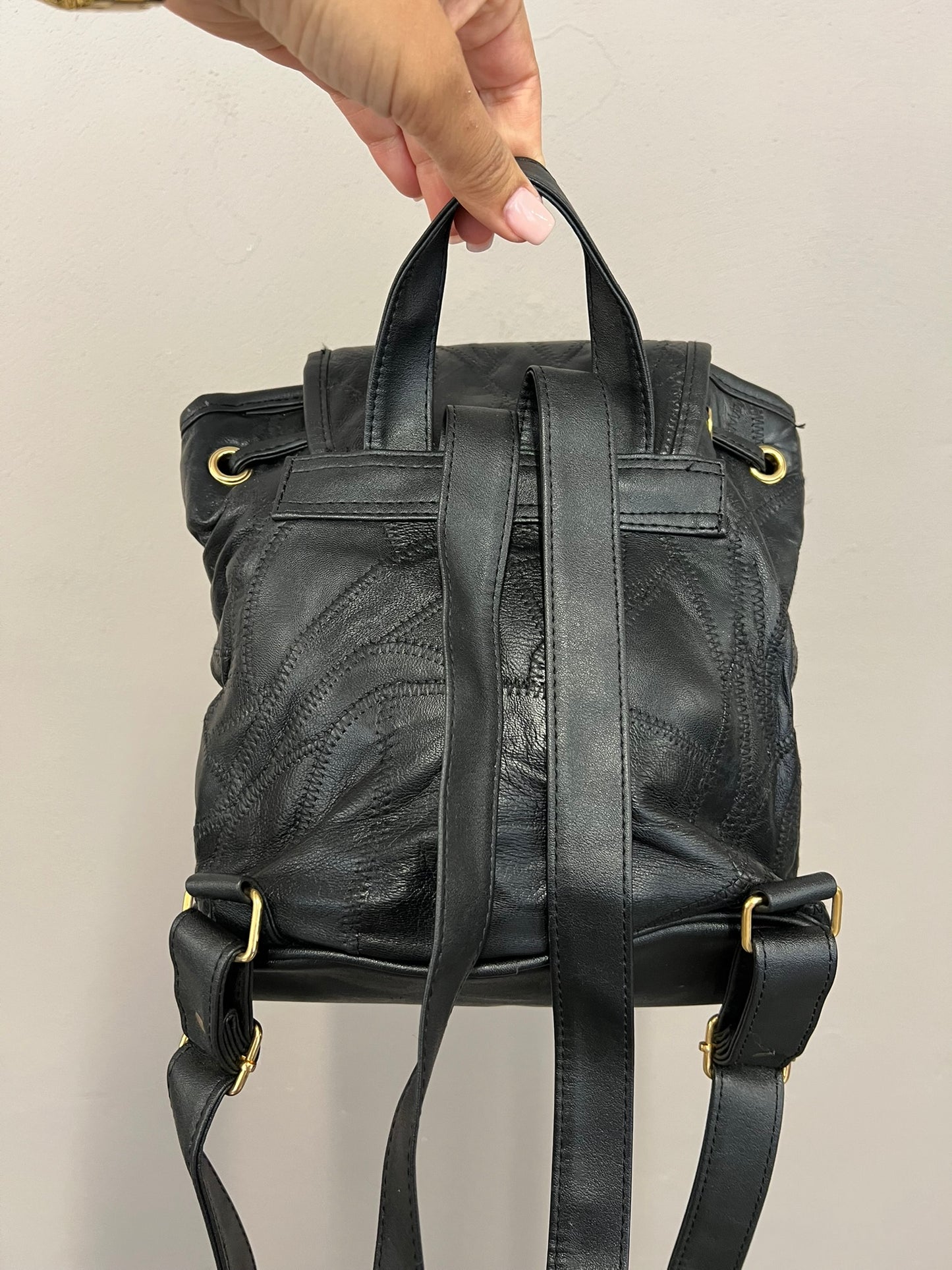 Vintage Black Leather Mini Backpack 90s Patchwork Leather Handbag