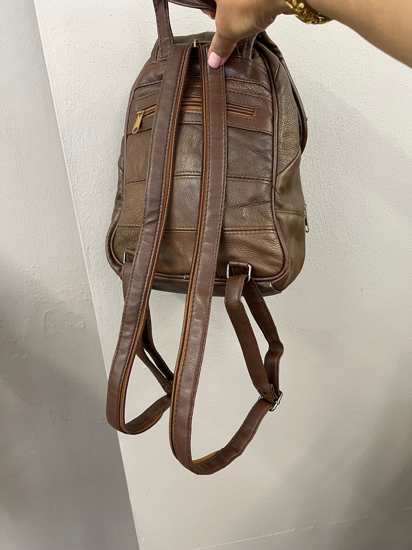 Brown Patchwork Handbag Faux Leather Backpack Vintage 90s Convertible Strap Ruck