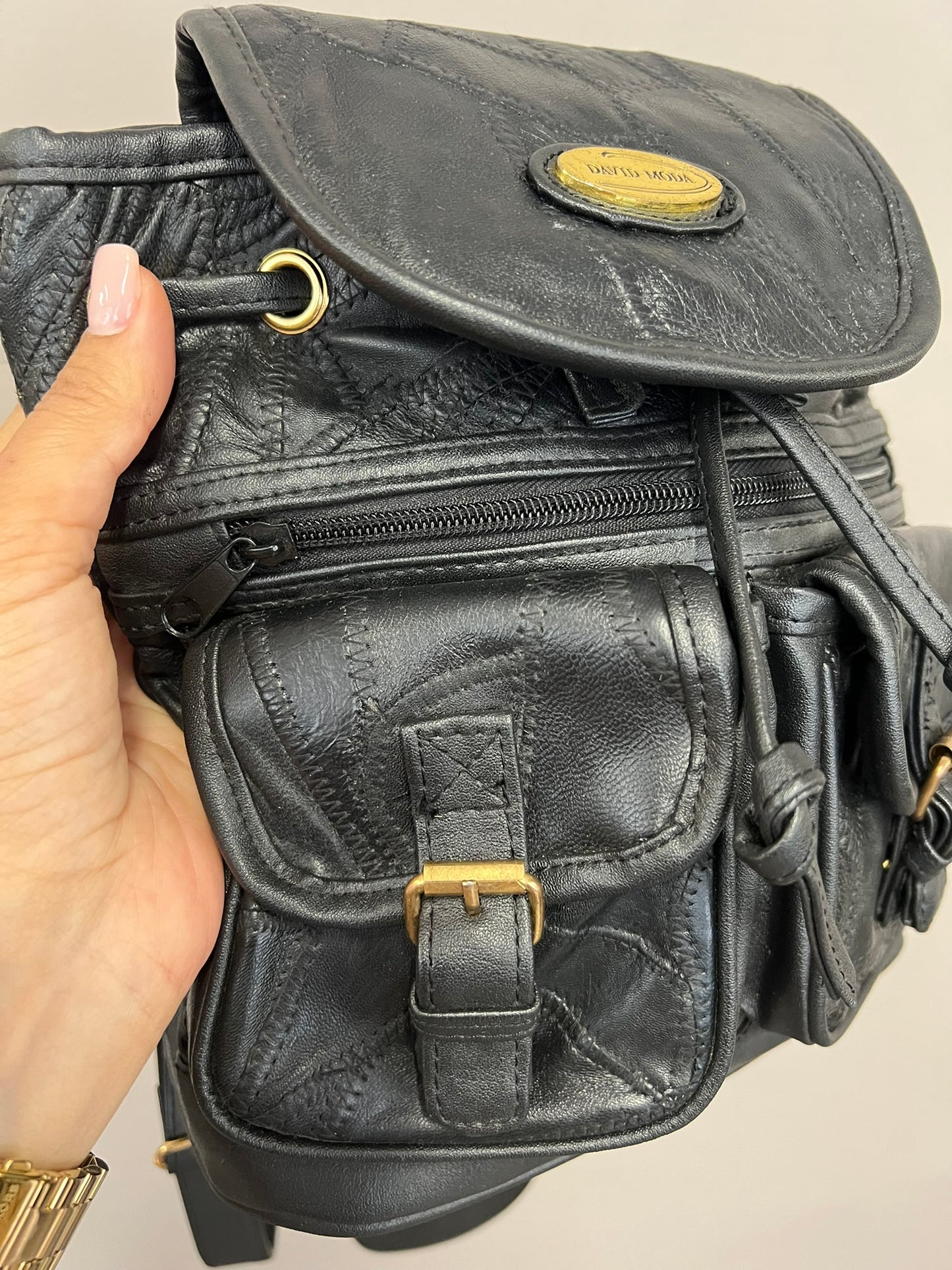 Vintage Black Leather Mini Backpack 90s Patchwork Leather Handbag