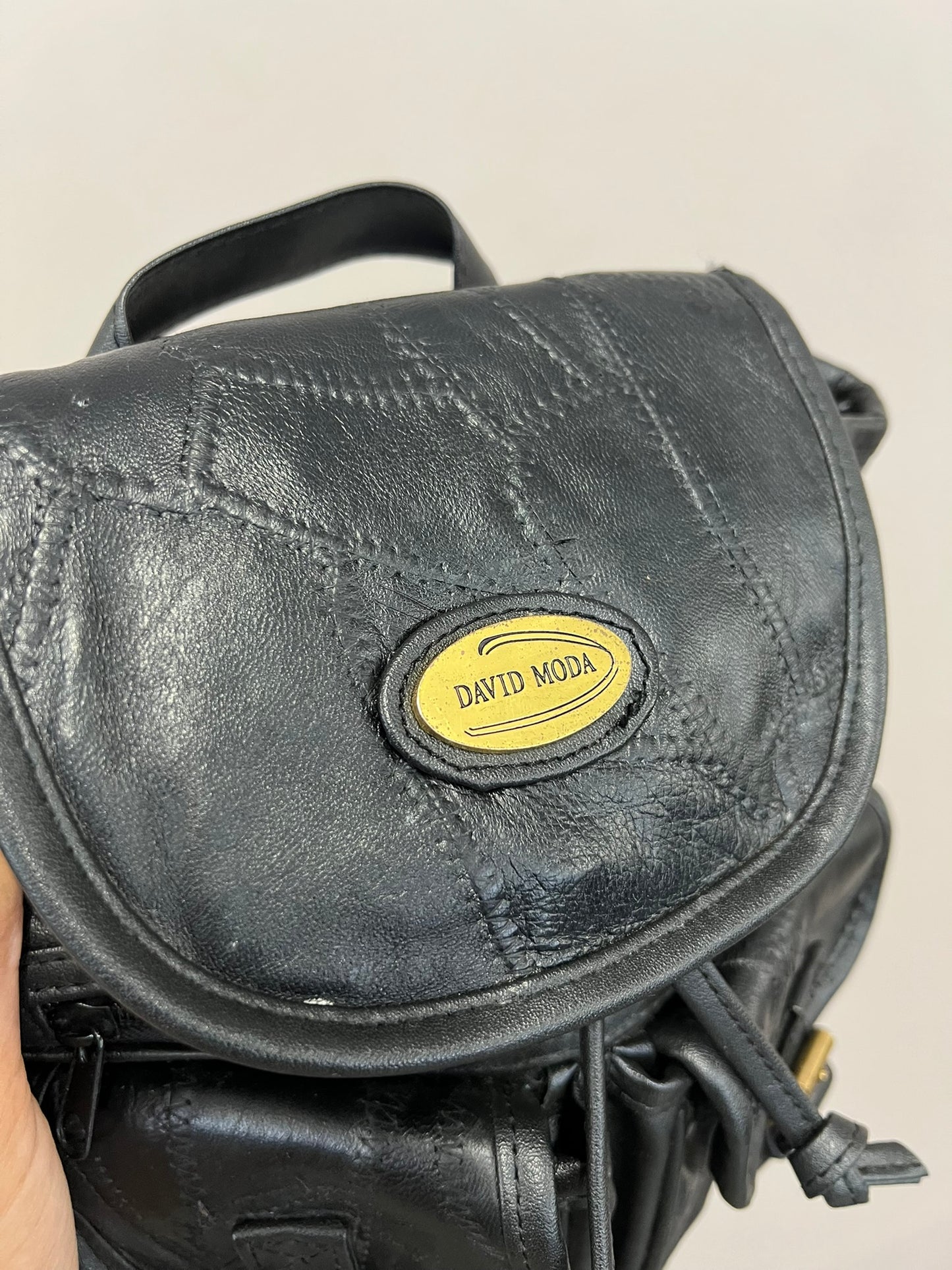 Vintage Black Leather Mini Backpack 90s Patchwork Leather Handbag