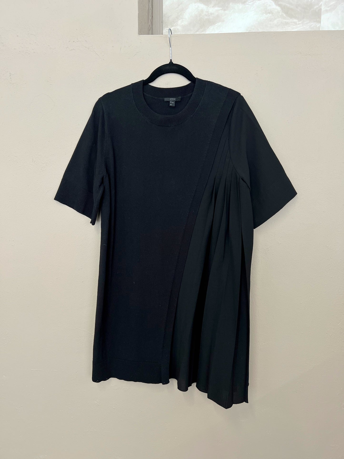 COS Dress Asymmetric Black Tunic Dress Cotton and Pleated Panel Size S
