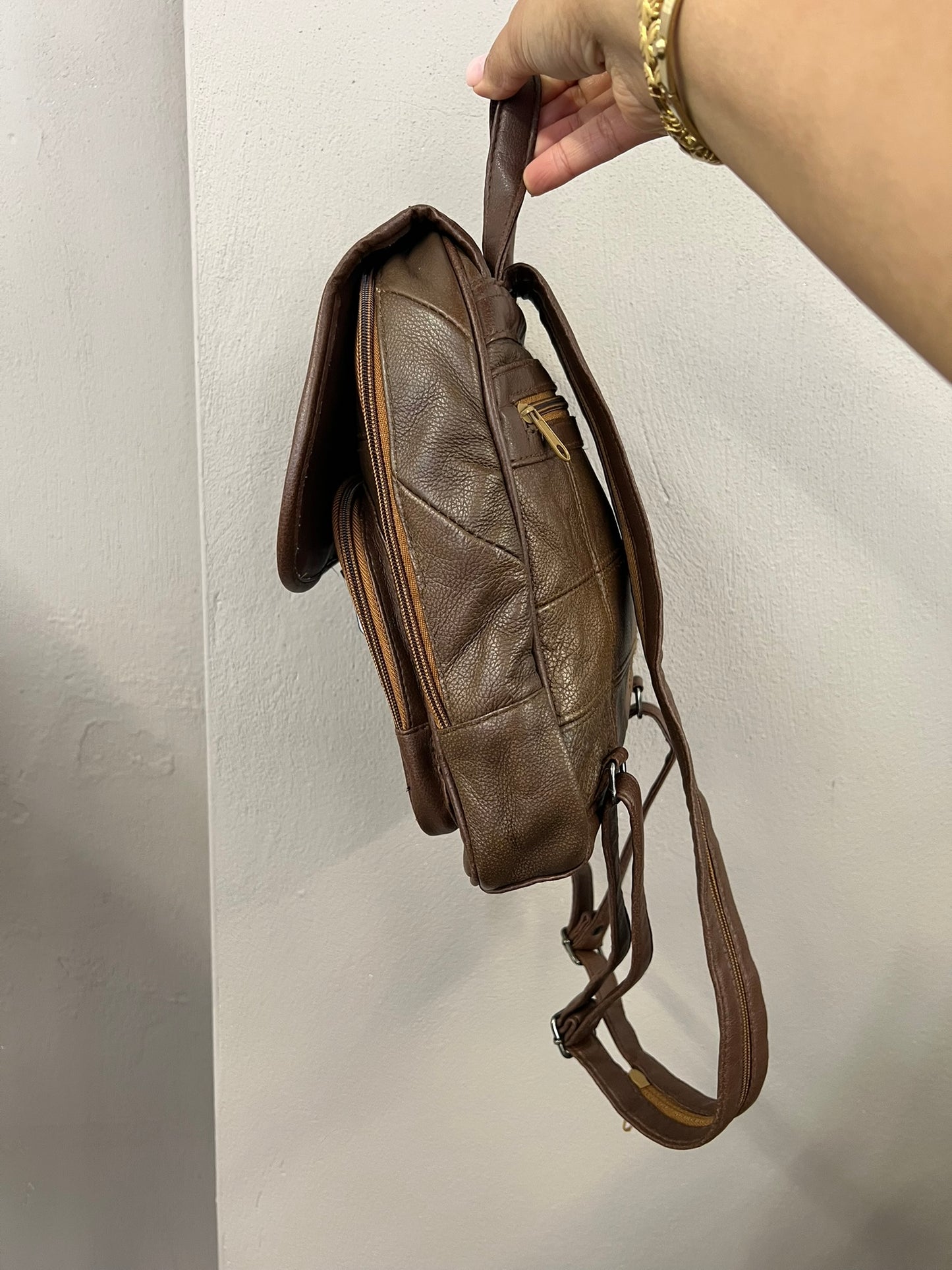 Brown Patchwork Handbag Faux Leather Backpack Vintage 90s Convertible Strap Ruck