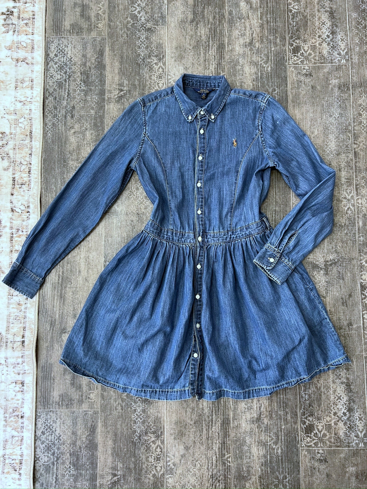 Vintage Polo Ralph Lauren Blue Denim Shirt Dress Short Pleated Long Sleeve Dress
