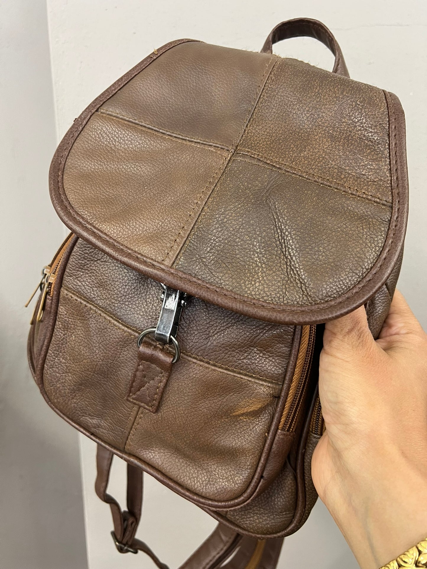 Brown Patchwork Handbag Faux Leather Backpack Vintage 90s Convertible Strap Ruck