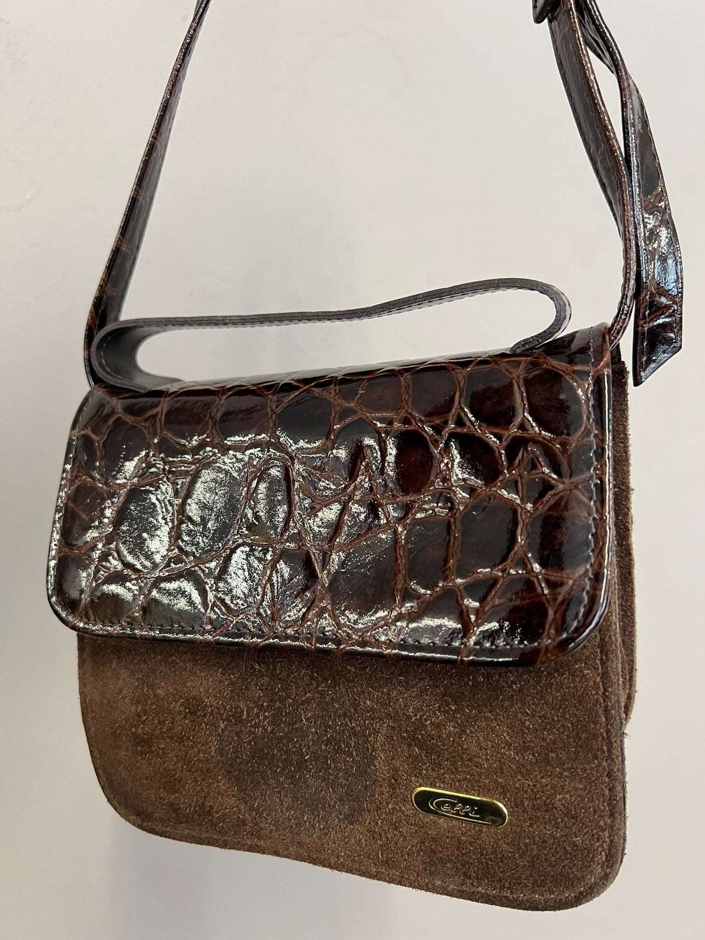 Vintage Brown Croc Suede Handbag Leather Shoulder Bag Crossbody