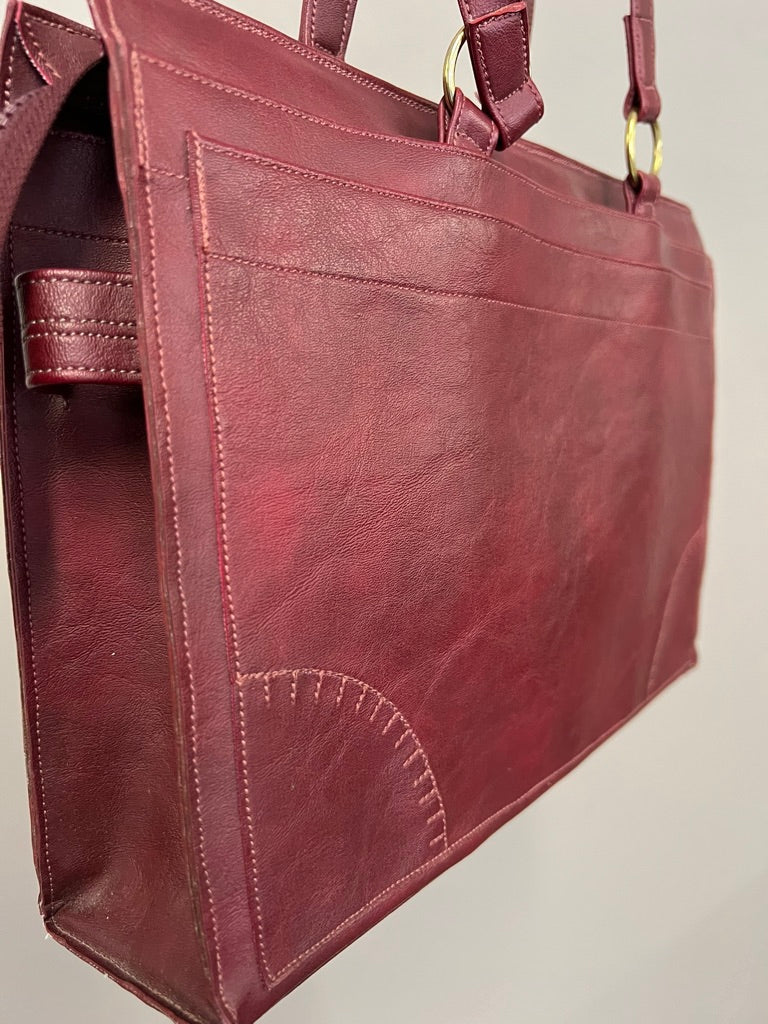 Vintage Burgundy Faux Leather Shoulder Tote 90s Minimalist Style