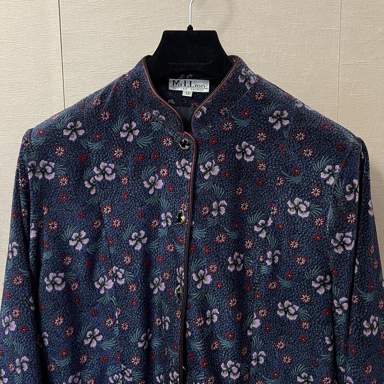 Vintage Velvet Pyjama Set Nightwear Co Ord Blue Floral Italian PJs Size UK 8 Small