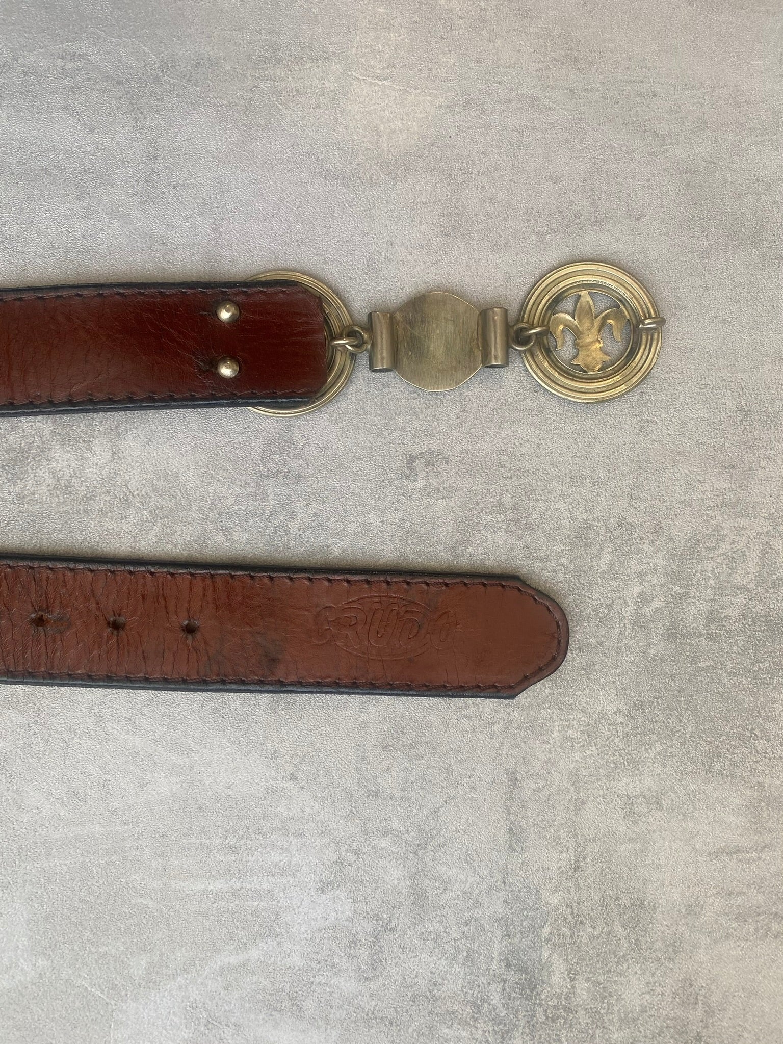 Vintage Brown Leather Belt Rudi Belt Fleur de Lis Buckle