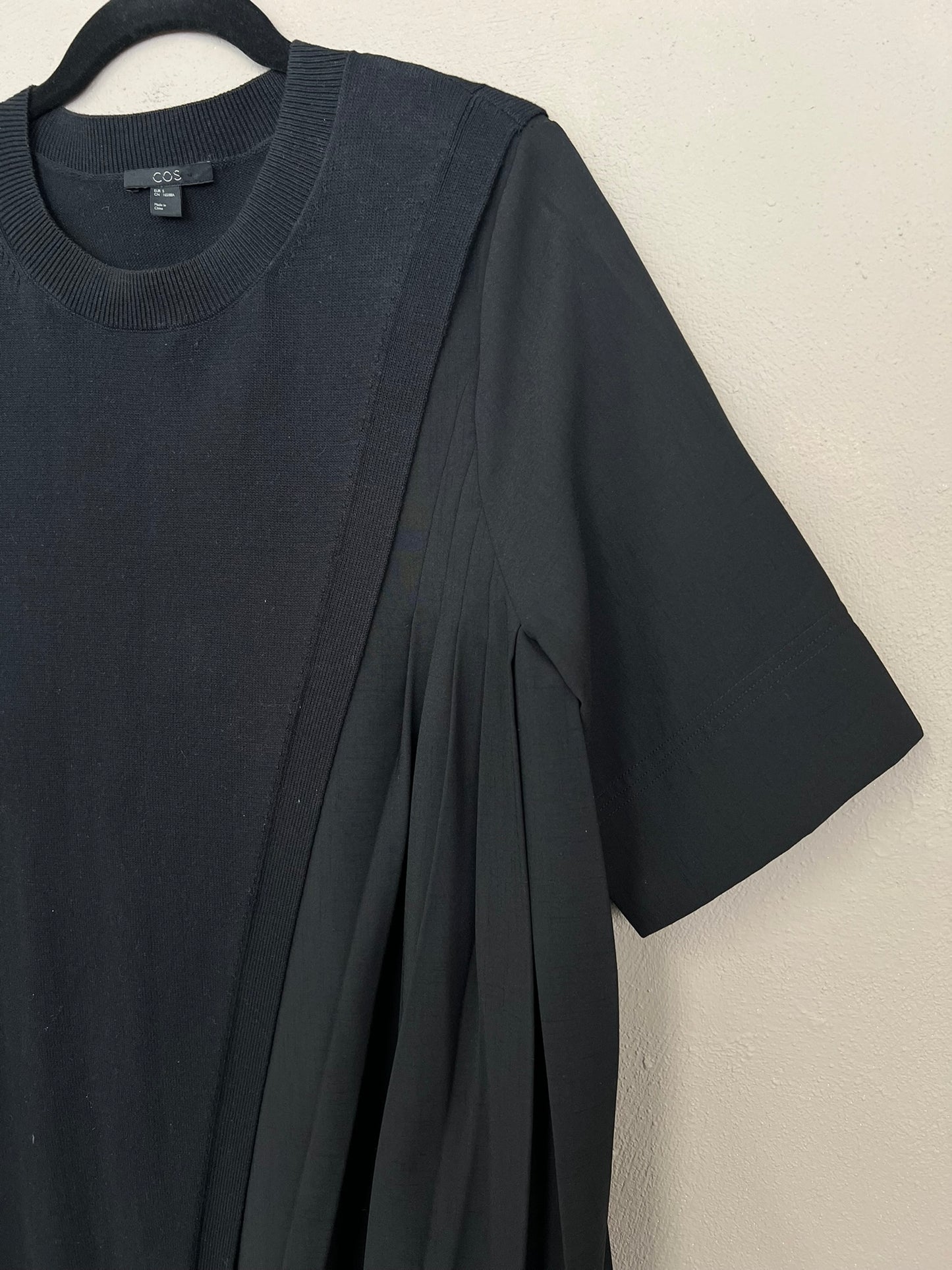 COS Dress Asymmetric Black Tunic Dress Cotton and Pleated Panel Size S