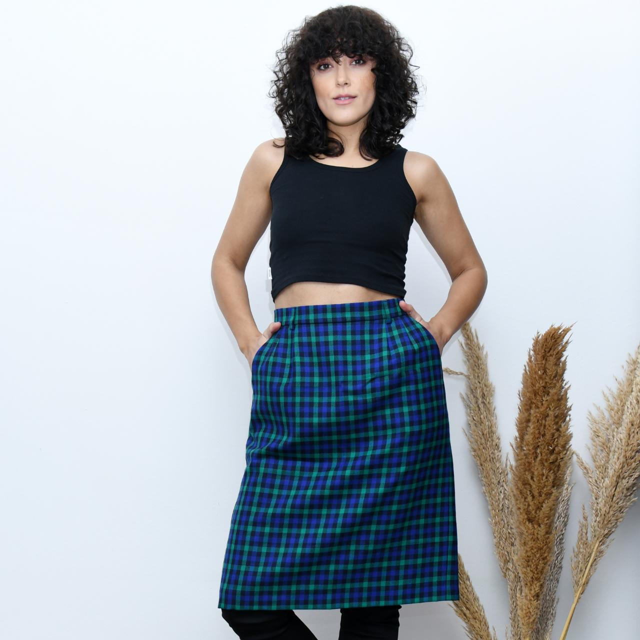 Vintage 90s Blue Tartan Check School Girl Wool Viyella Midi Skirt