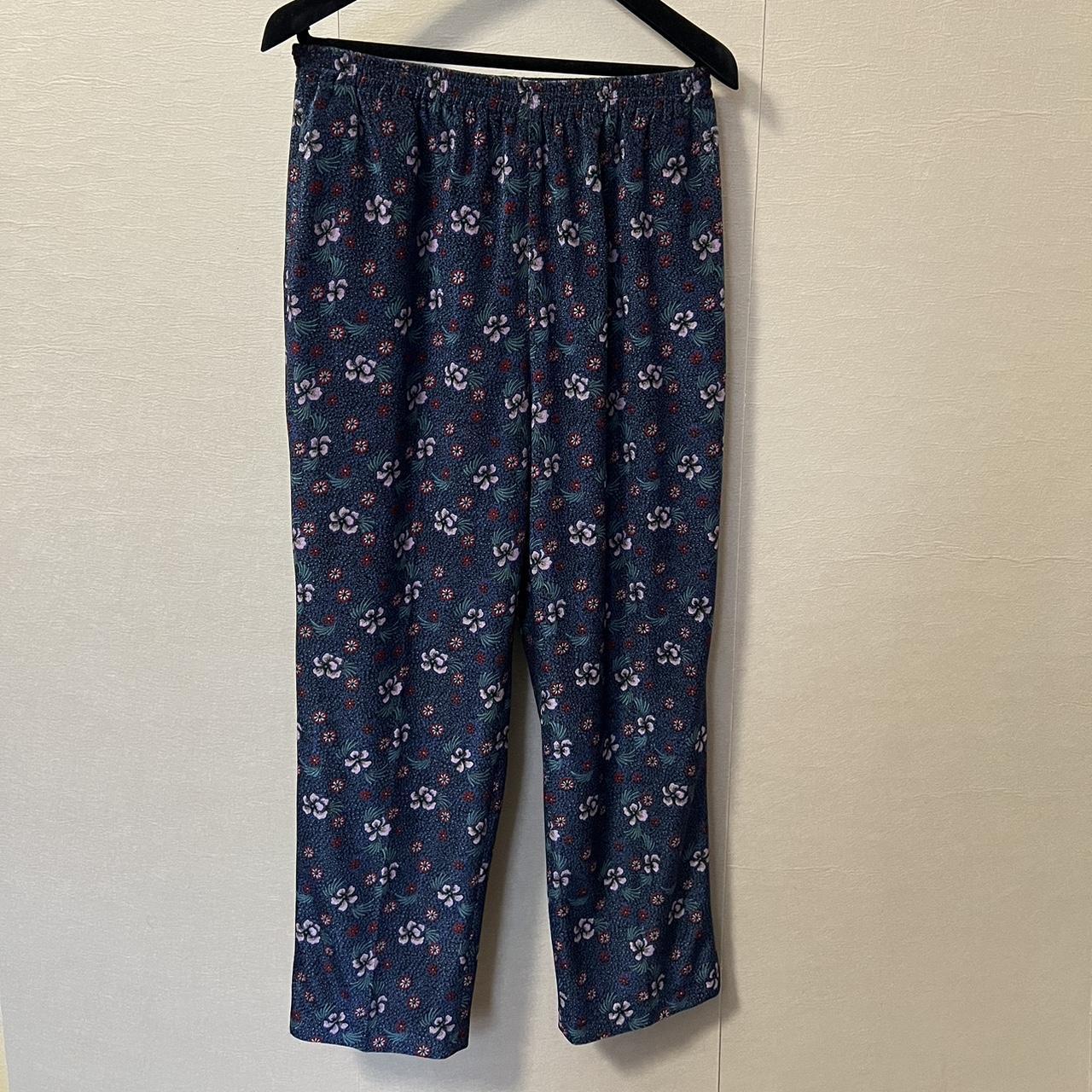 Vintage Velvet Pyjama Set Nightwear Co Ord Blue Floral Italian PJs Size UK 8 Small