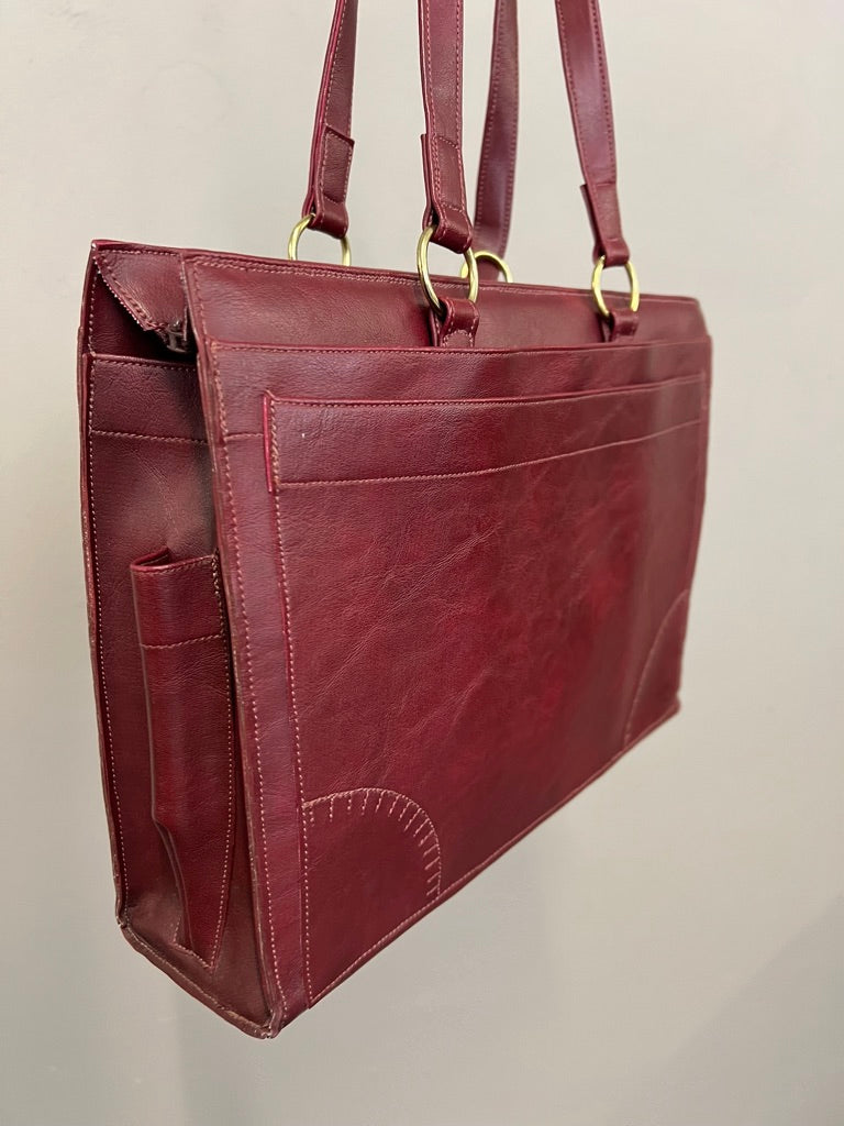 Vintage Burgundy Faux Leather Shoulder Tote 90s Minimalist Style