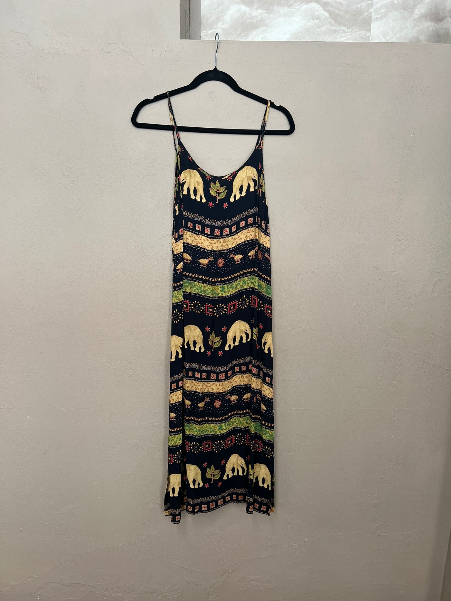 Strappy Summer Dress Vintage 90s Black Thai Print Lightweight Maxi Dress UK 8
