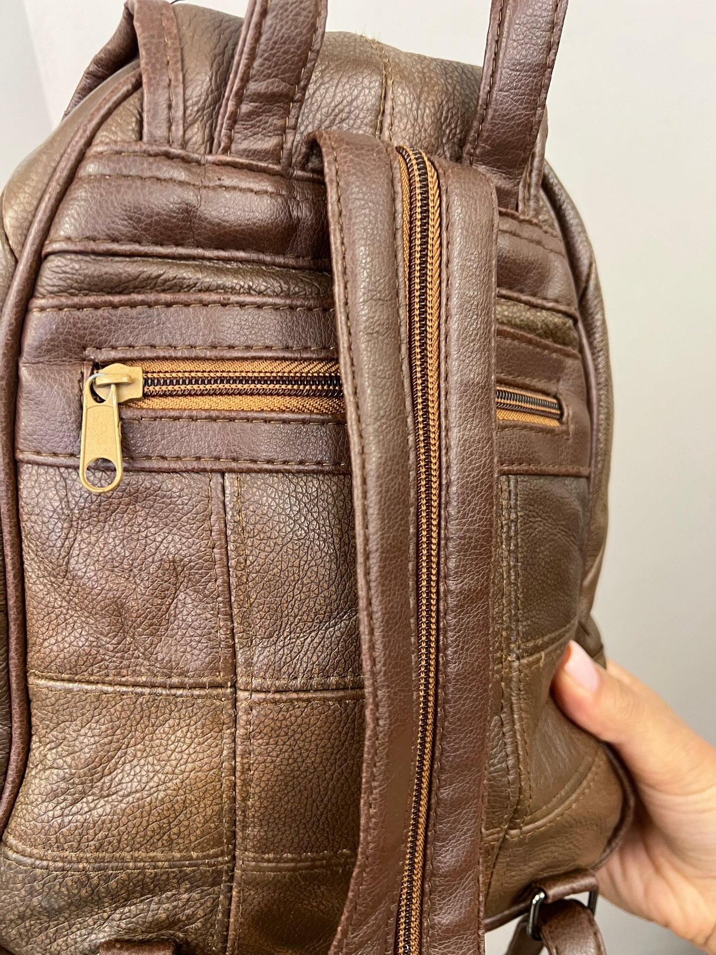 Brown Patchwork Handbag Faux Leather Backpack Vintage 90s Convertible Strap Ruck