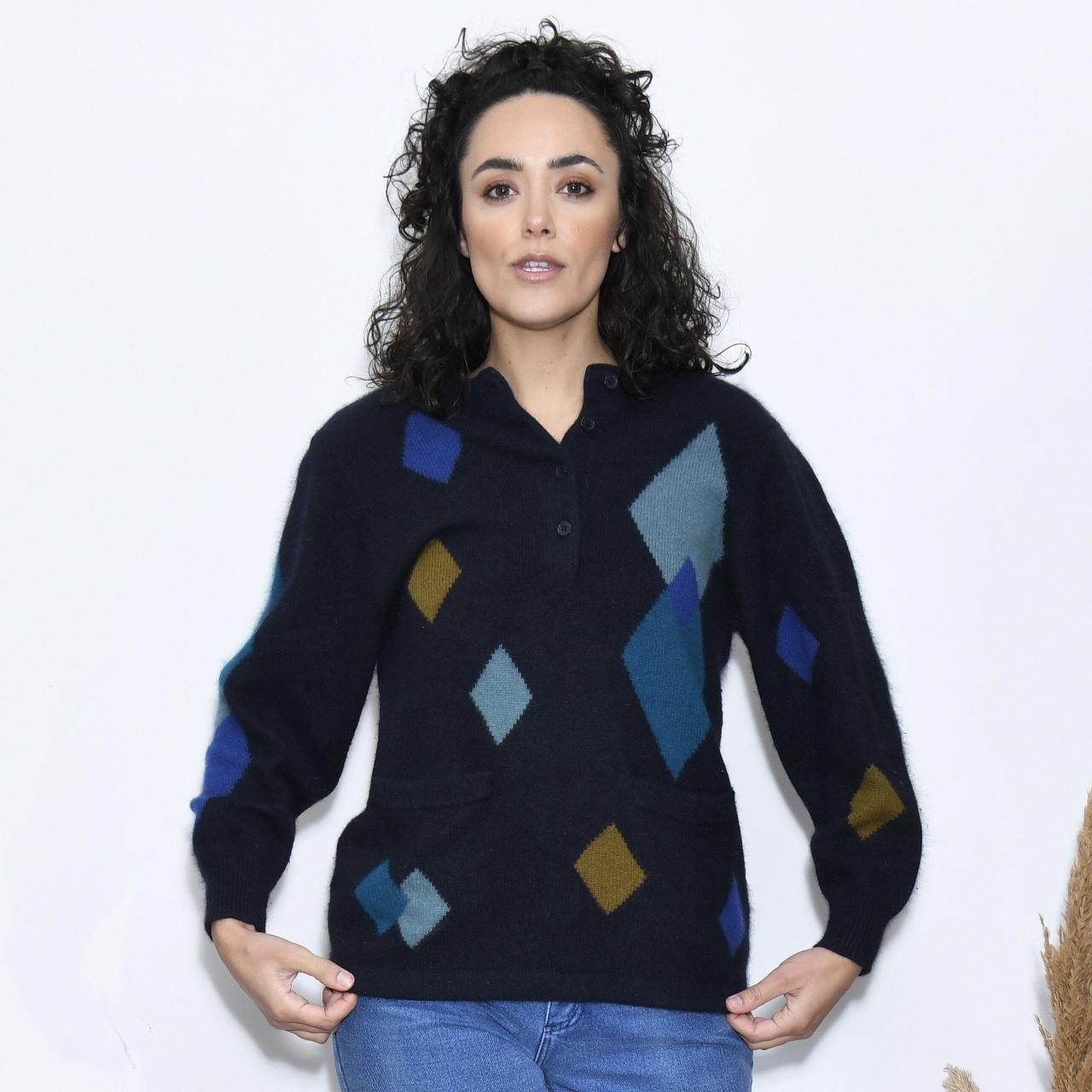 Wool Angora Pulli Vintage Wool Argyle Jumper Black Blue Lambswool