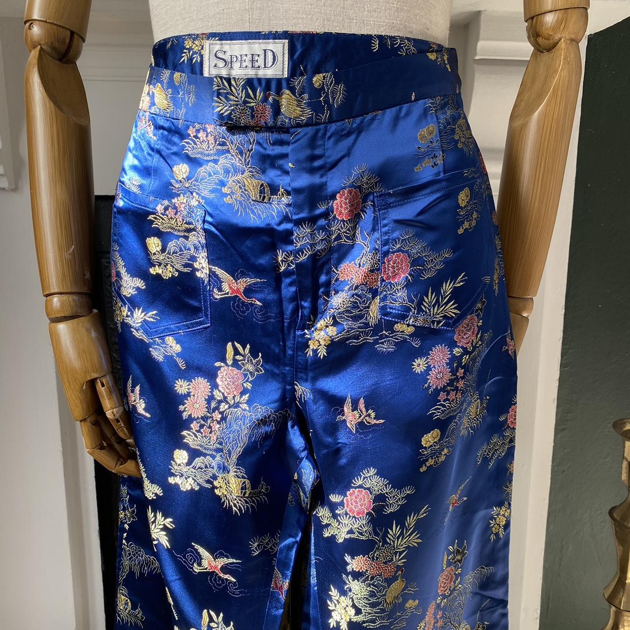 Vintage 90s Silk Trousers Blue Chinese Brocade Straight Leg Size M UK 10