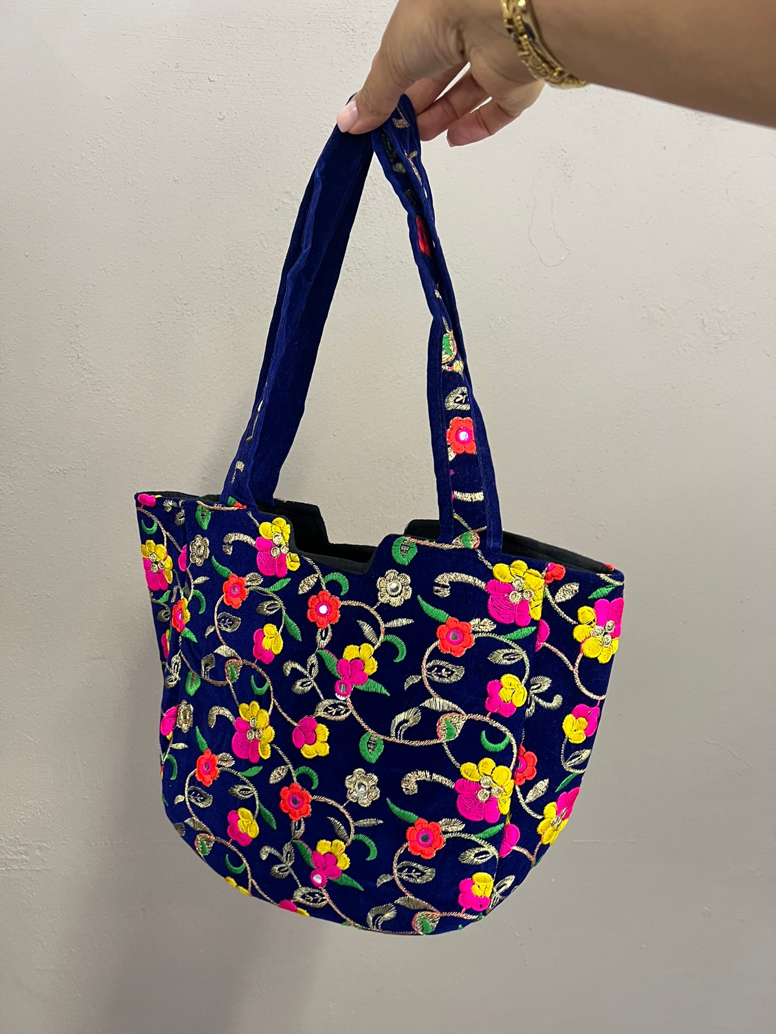 Blue Velvet Embroidered Tote Bag Vintage Mirror Detail Floral Shoulder Bag