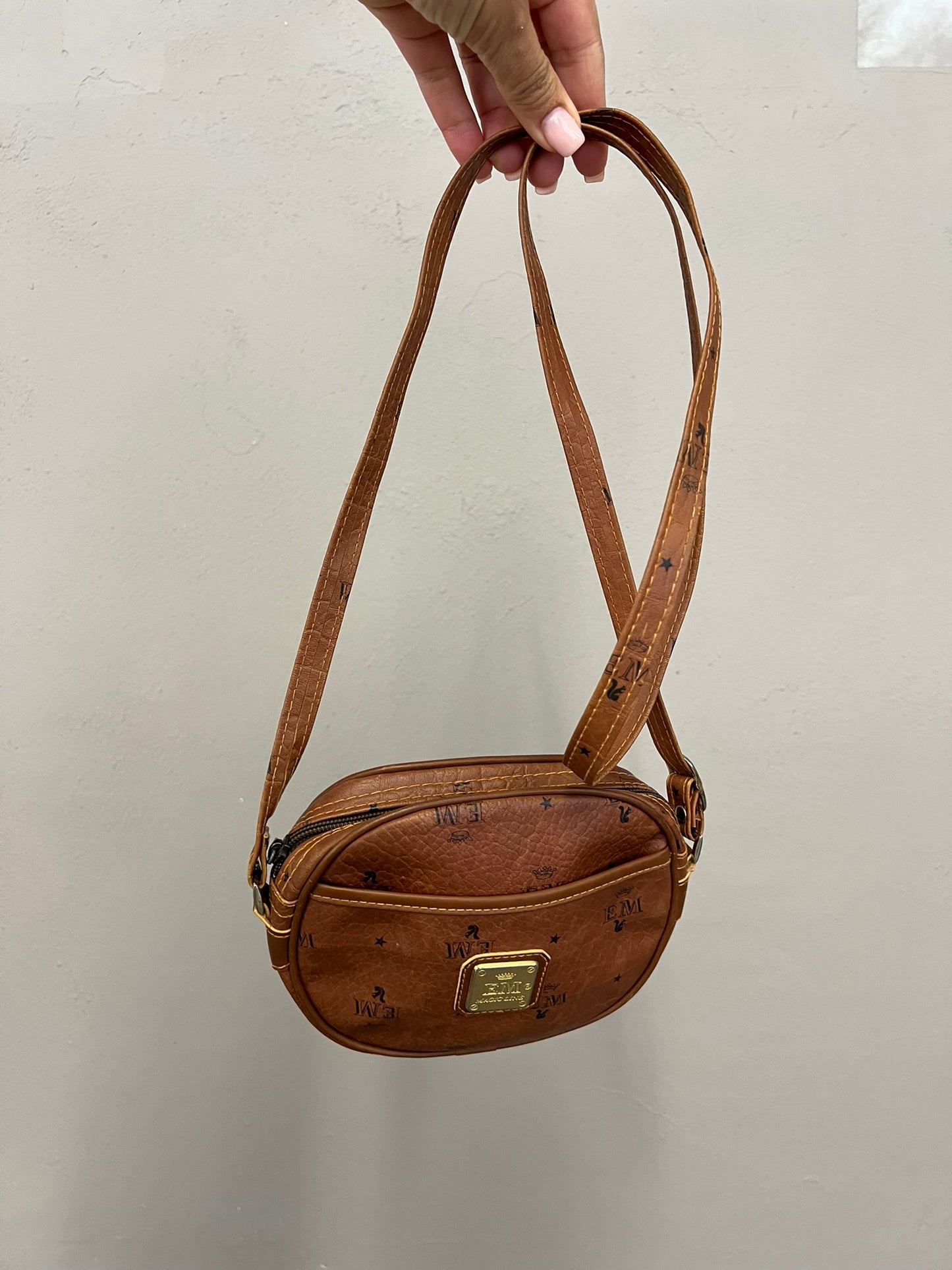 Vintage Monogram Faux Leather Crossbody Bag Tan Mini Handbag