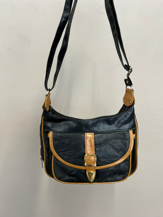 Vintage Black and Tan Faux Leather Shoulder Bag Buckle Front Pocket