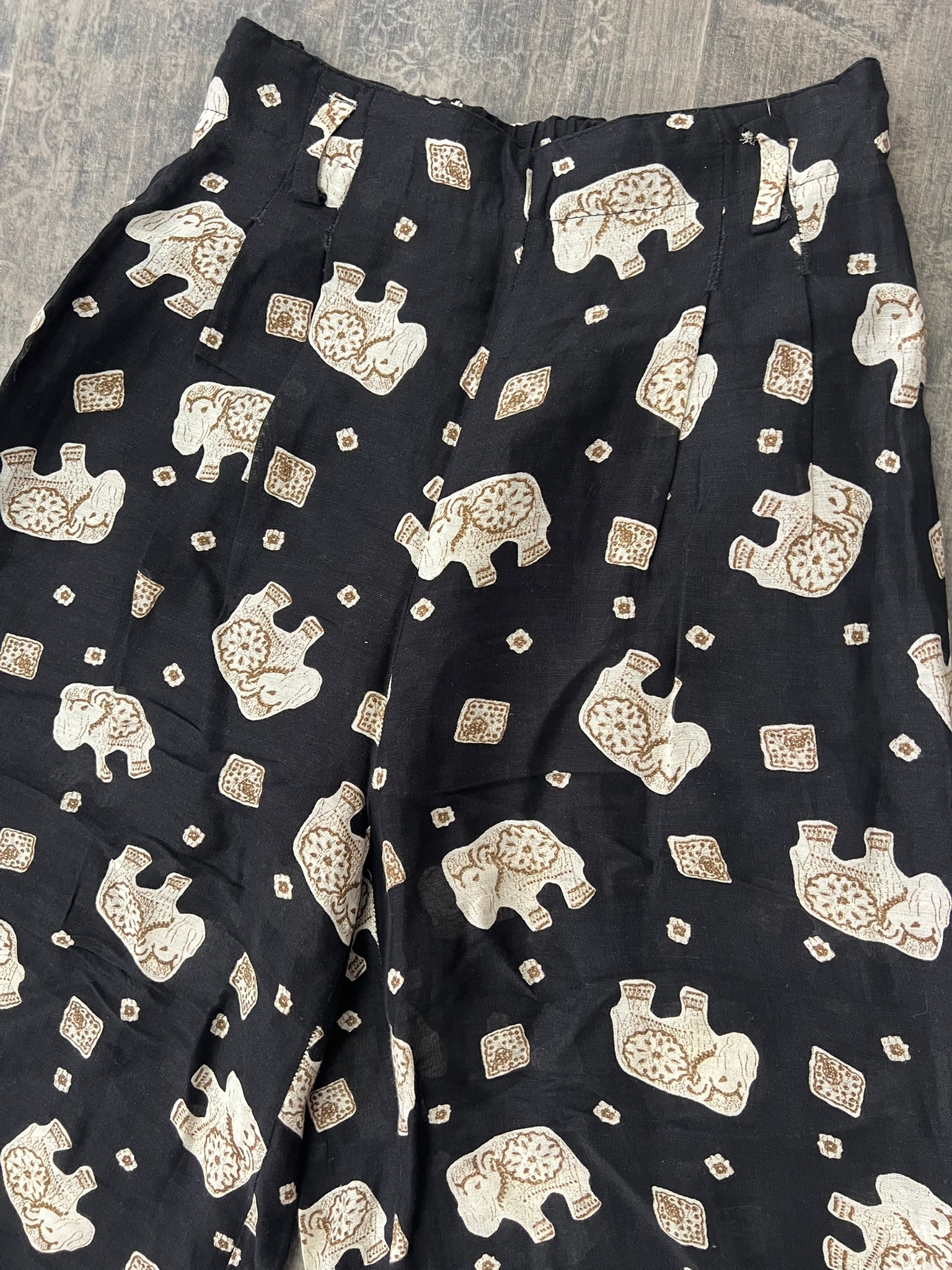 Wide Leg Trousers Vintage 1990s Betty Barclay Linen Blend Printed UK 6–8 Petite