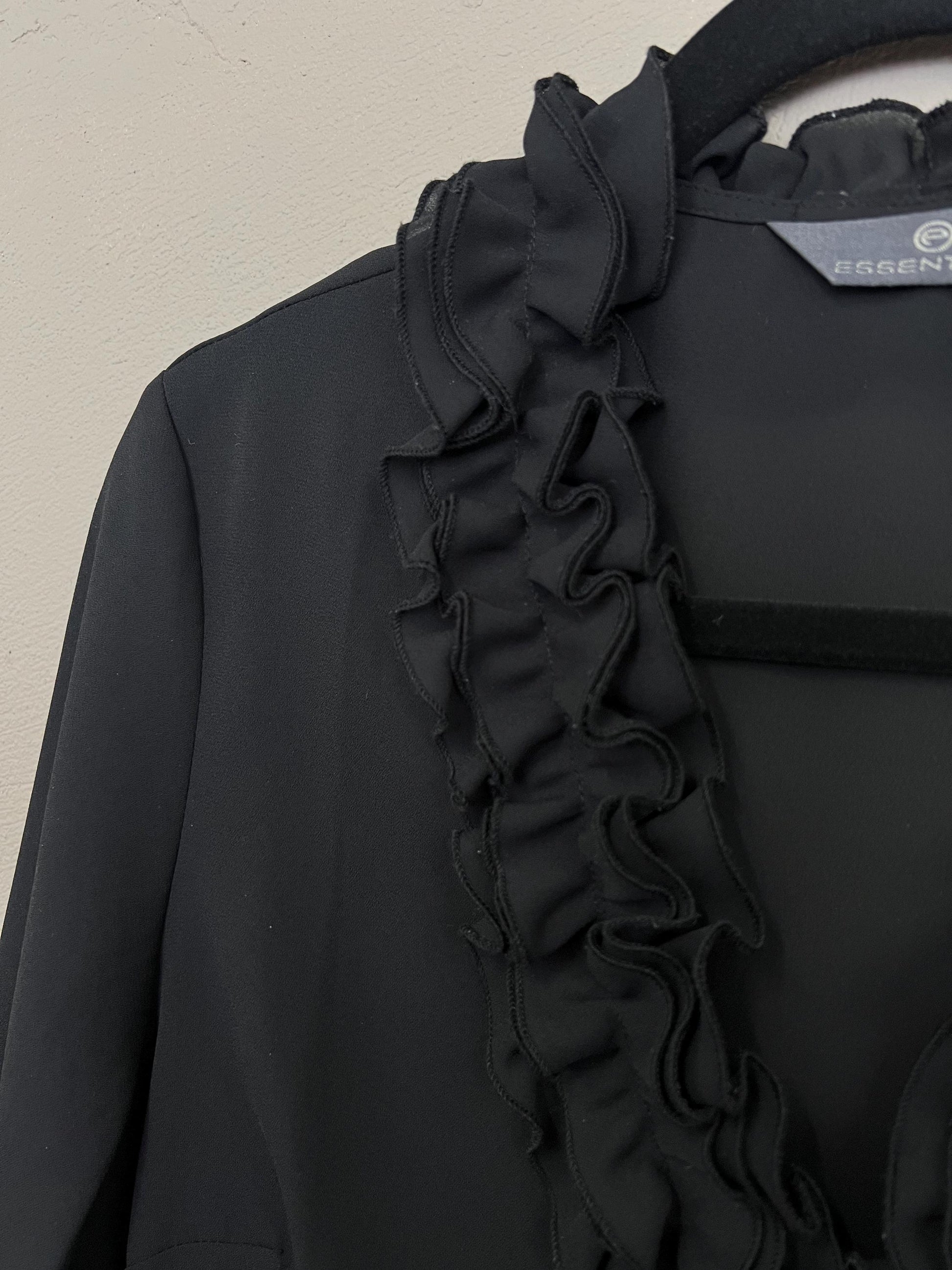 Sheer Black Blouse Vintage 1990s Long Sleeve Shirt Ruffle Collar Flowy Sleeve 90s Top