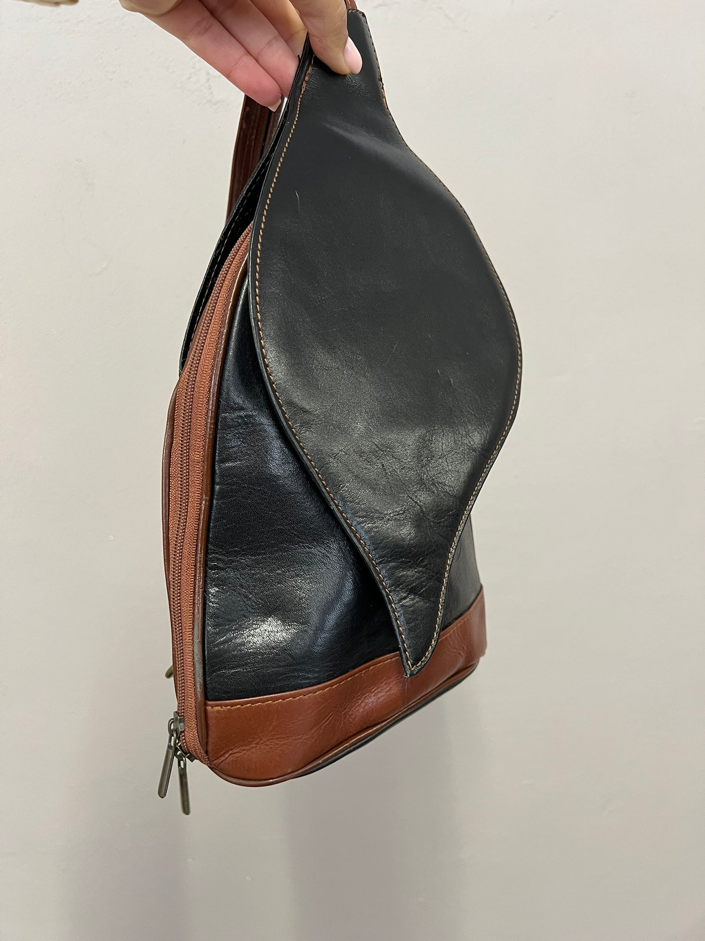 Vintage Leather Backpack Asymmetric Handbag Black and Brown 90s Vintage Bag