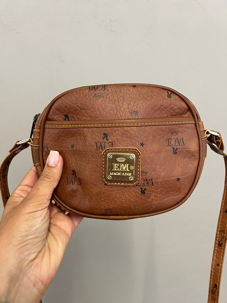 Vintage Monogram Faux Leather Crossbody Bag Tan Mini Handbag