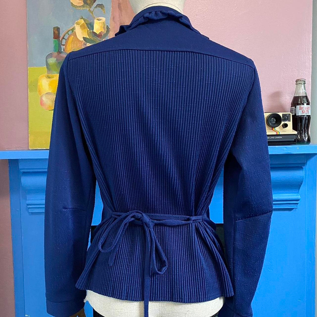 Vintage 70s Top Retro Ruffle Collar Blouse Blue Button-Up Shirt with Tie Back