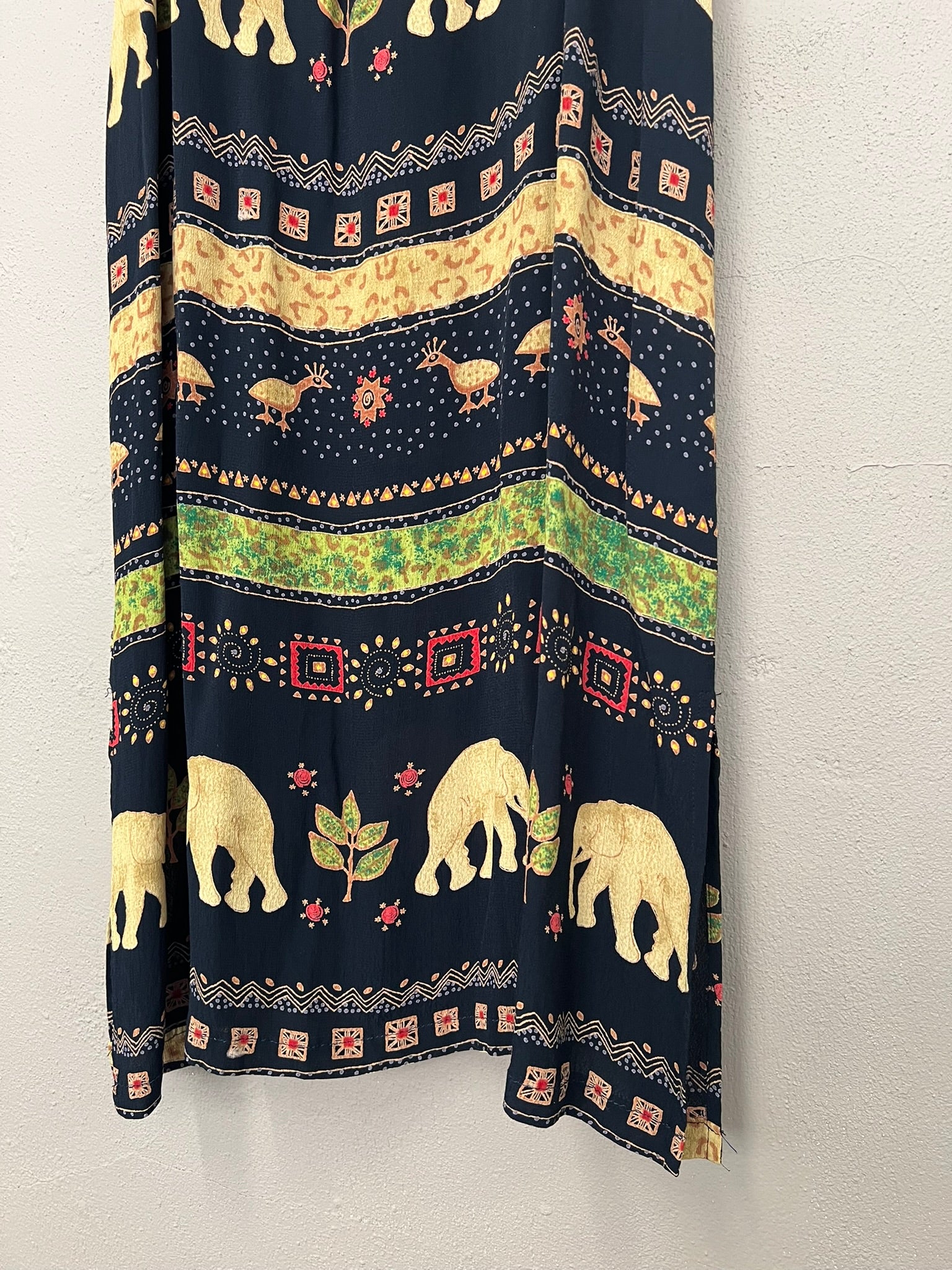 Strappy Summer Dress Vintage 90s Black Thai Print Lightweight Maxi Dress UK 8