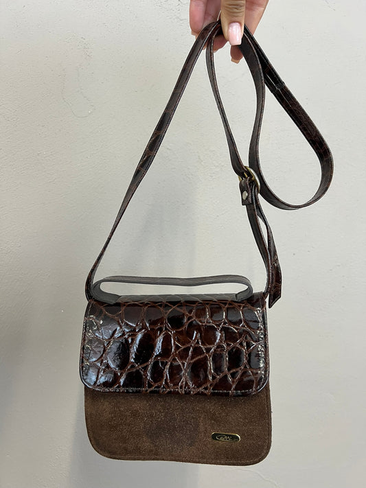 Vintage Brown Croc Suede Handbag Leather Shoulder Bag Crossbody