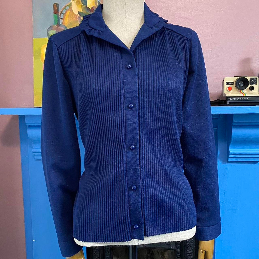Vintage 70s Top Retro Ruffle Collar Blouse Blue Button-Up Shirt with Tie Back