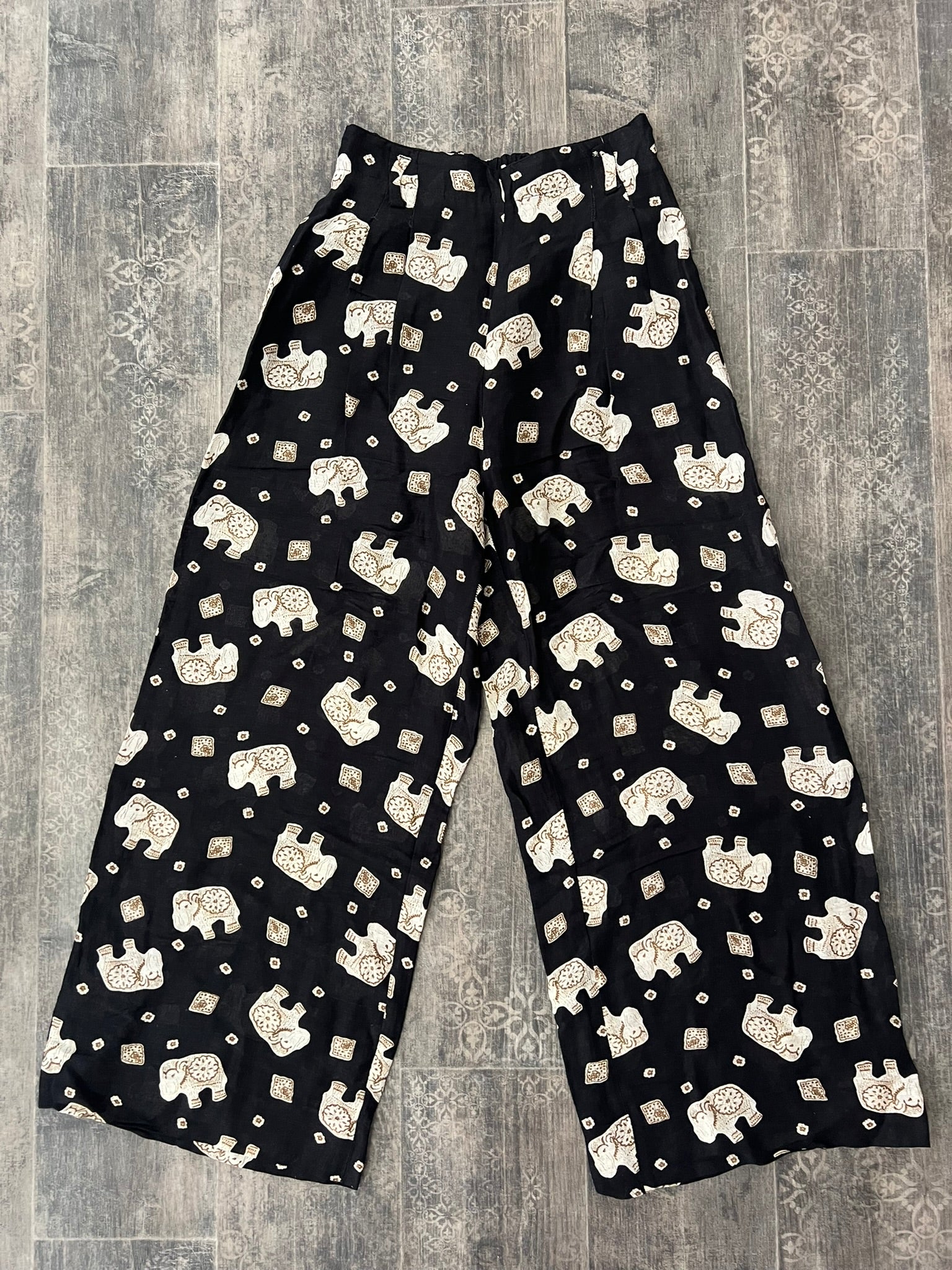 Wide Leg Trousers Vintage 1990s Betty Barclay Linen Blend Printed UK 6–8 Petite