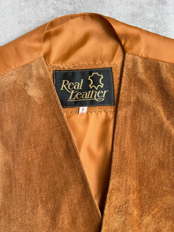 Vintage 1990s Tan Suede Waistcoat Genuine Leather Western Wear Size Small