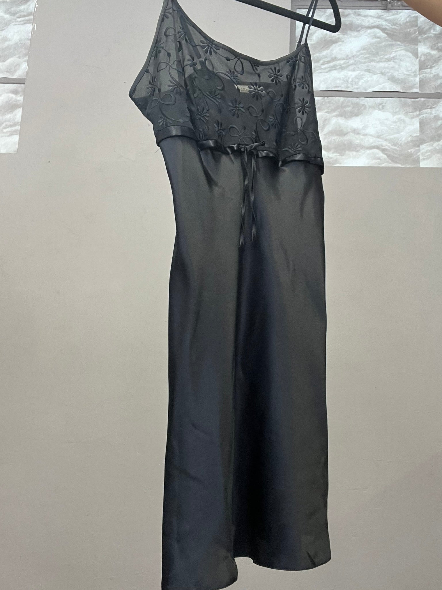 Black Slip Dress Sheer Embroidered Satin Strappy Mini Dress UK 10-12