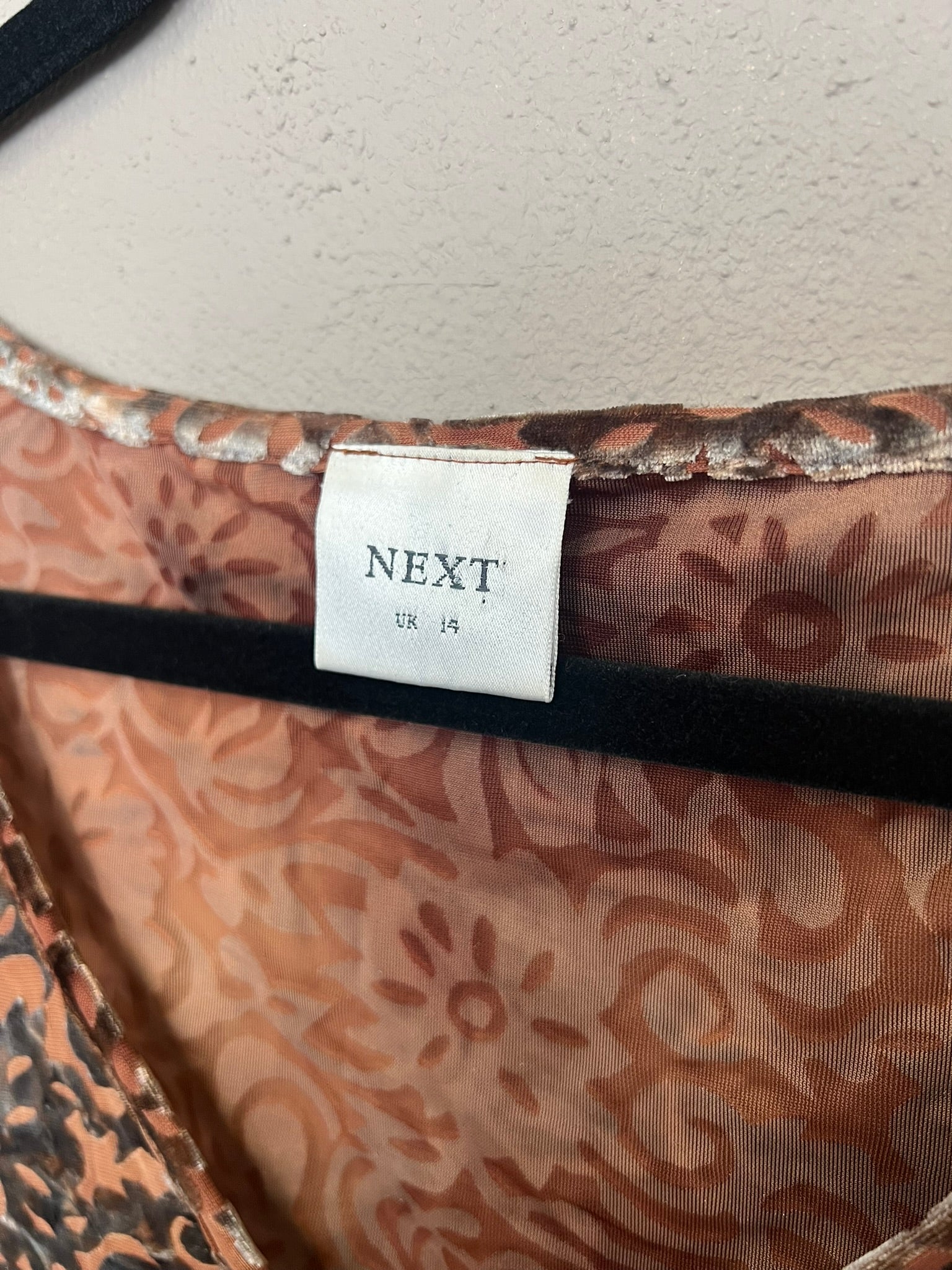 Vintage 90s Velvet Top Tan Sheer Patterned Blouse V Neck Long Sleeve with Side S