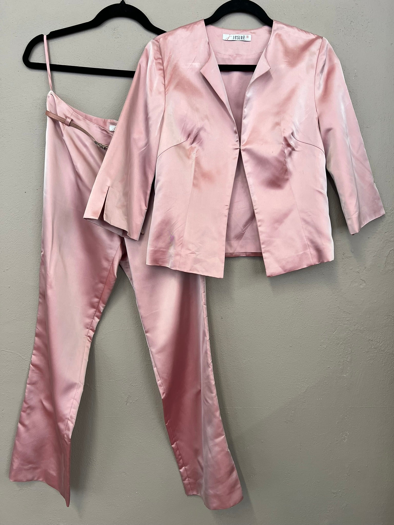 Vintage Pink Satin Suit Two Piece Jesiré Trousers and Blazer Set Co Ord UK 8