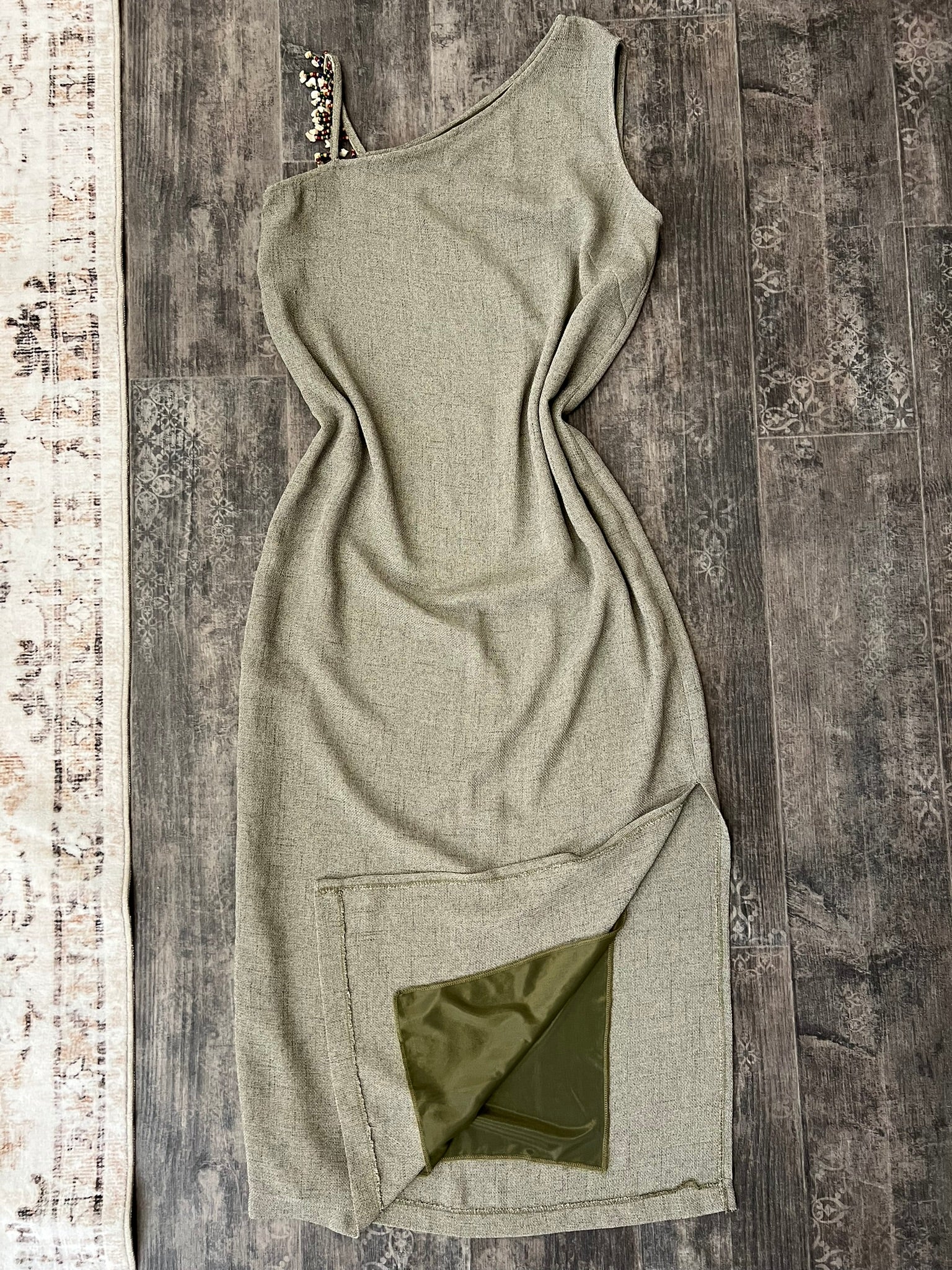 Vintage bodycon summer dress green one shoulder midi dress size UK 14