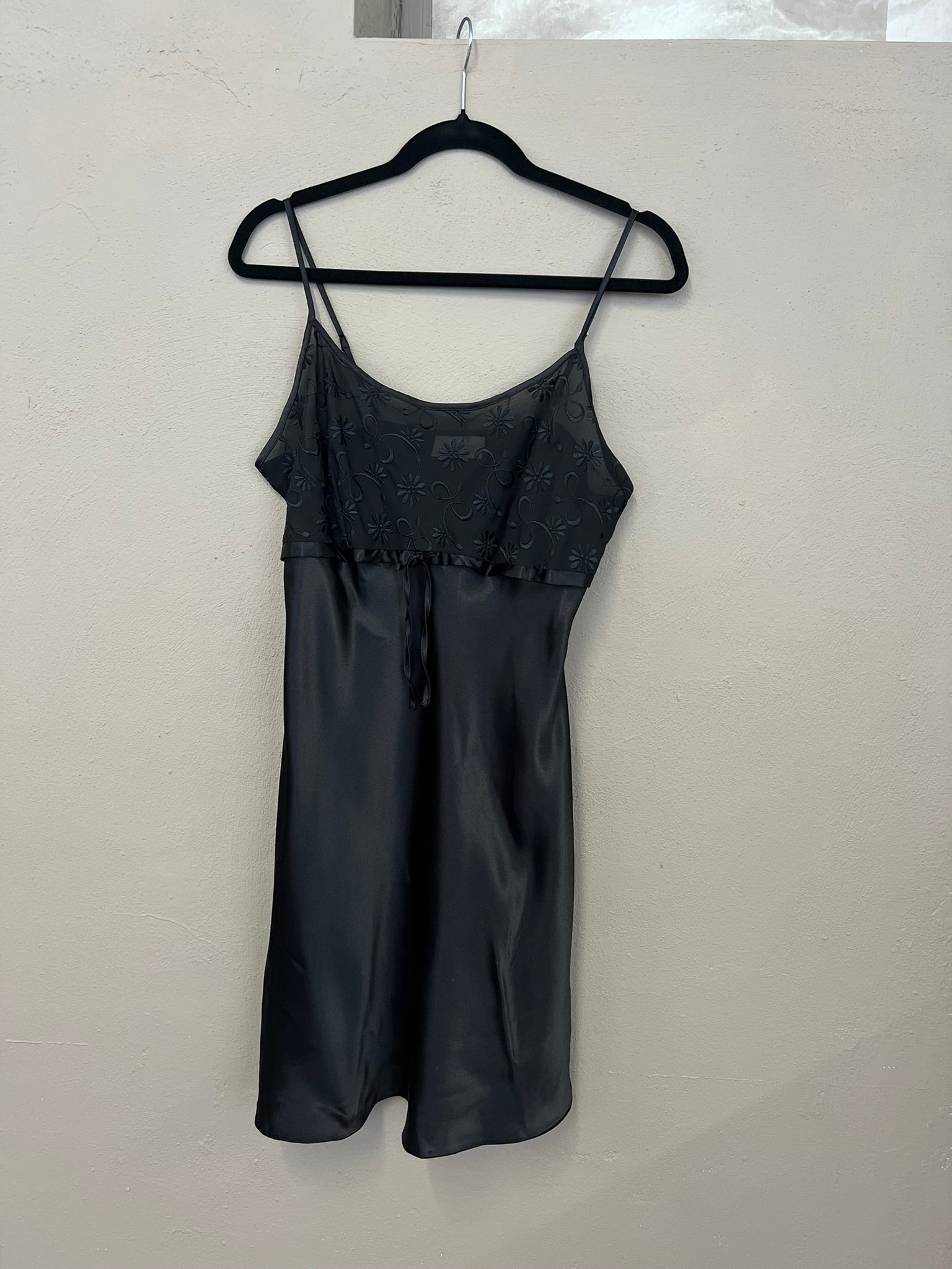 Black Slip Dress Sheer Embroidered Satin Strappy Mini Dress UK 10-12