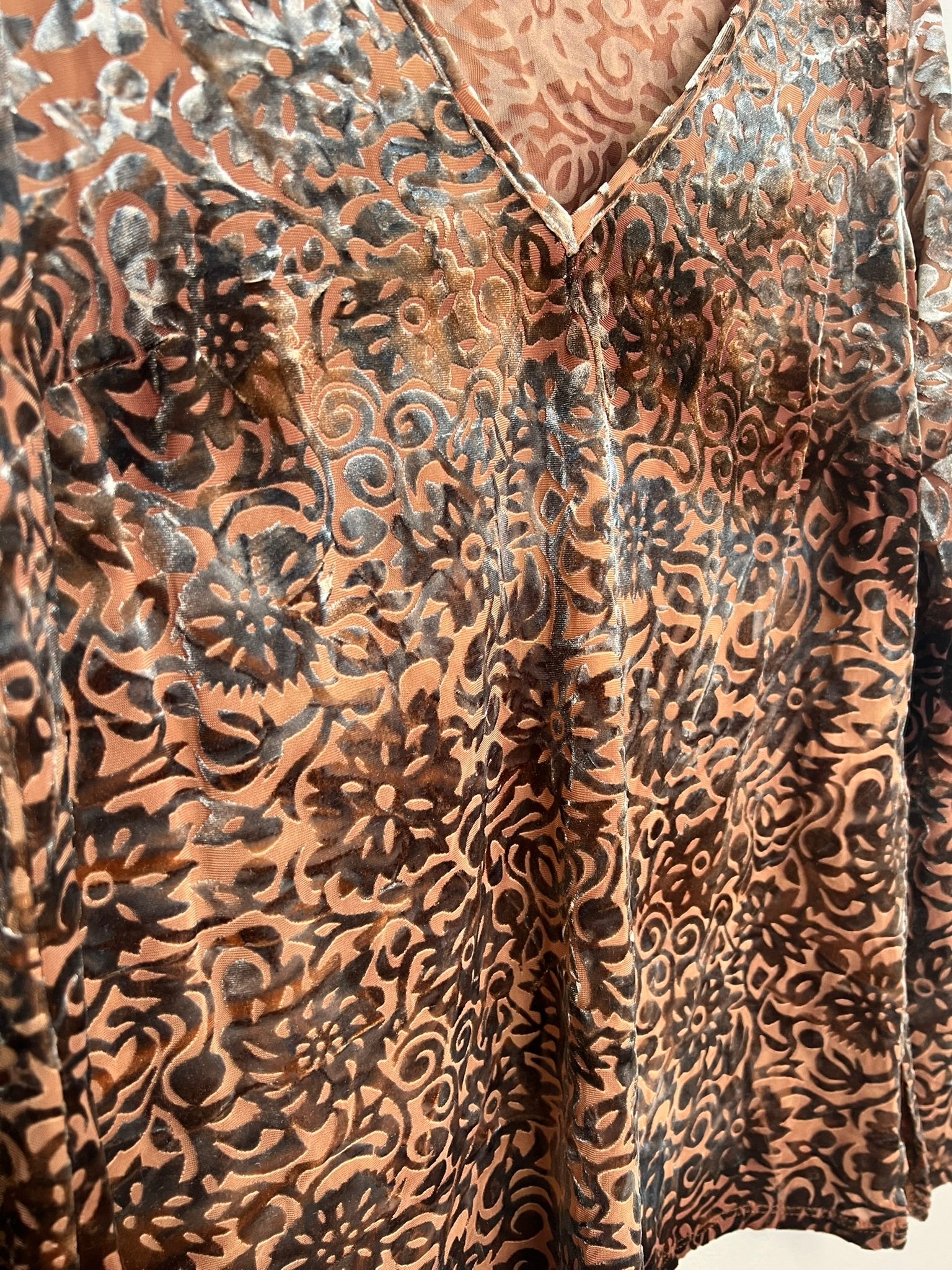 Vintage 90s Velvet Top Tan Sheer Patterned Blouse V Neck Long Sleeve with Side S