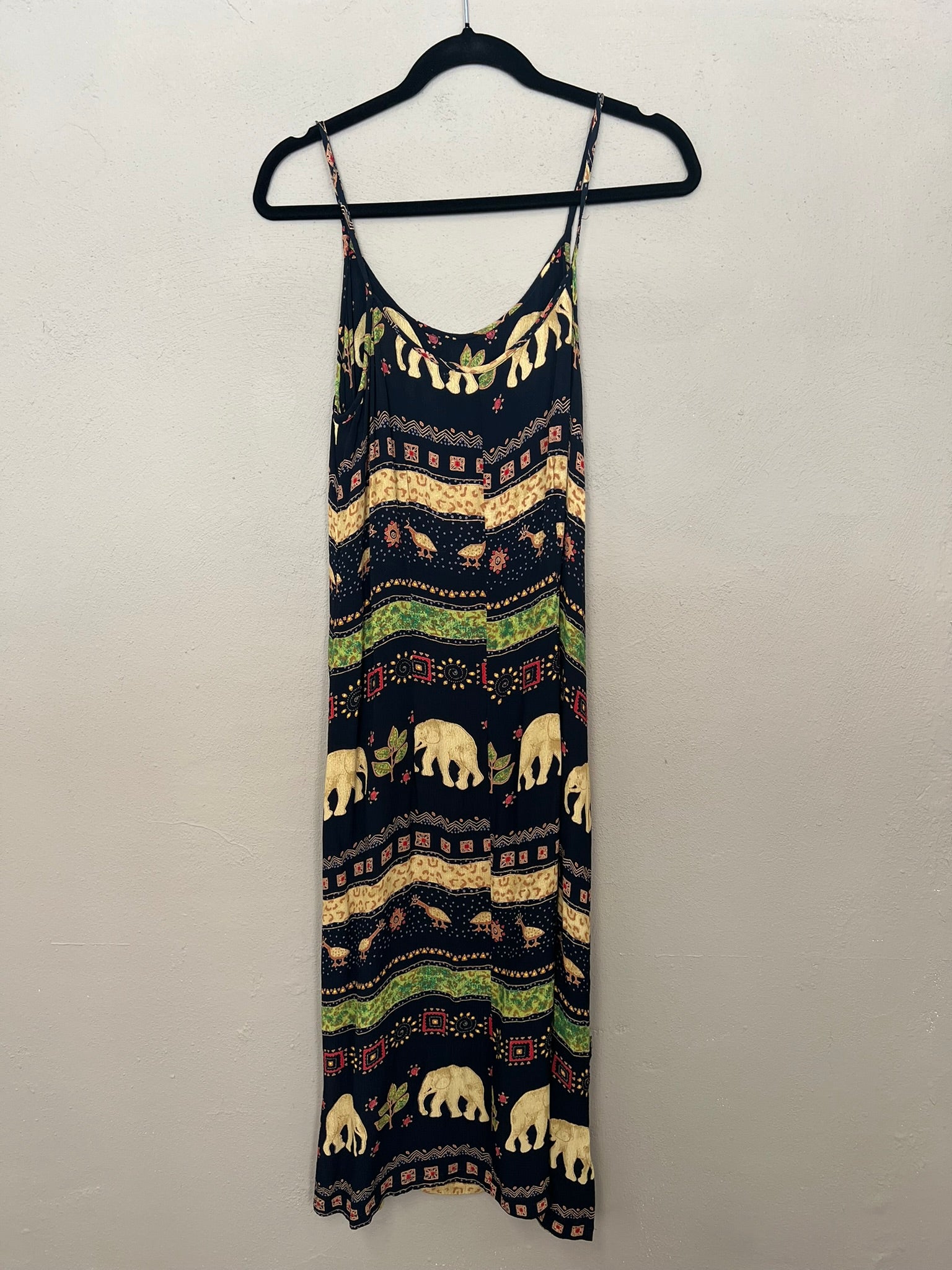 Strappy Summer Dress Vintage 90s Black Thai Print Lightweight Maxi Dress UK 8